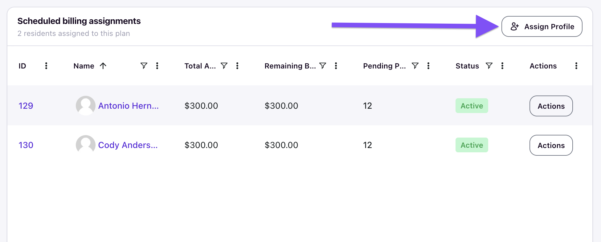 Scheduled billing assignments section showing the Assign Profile button