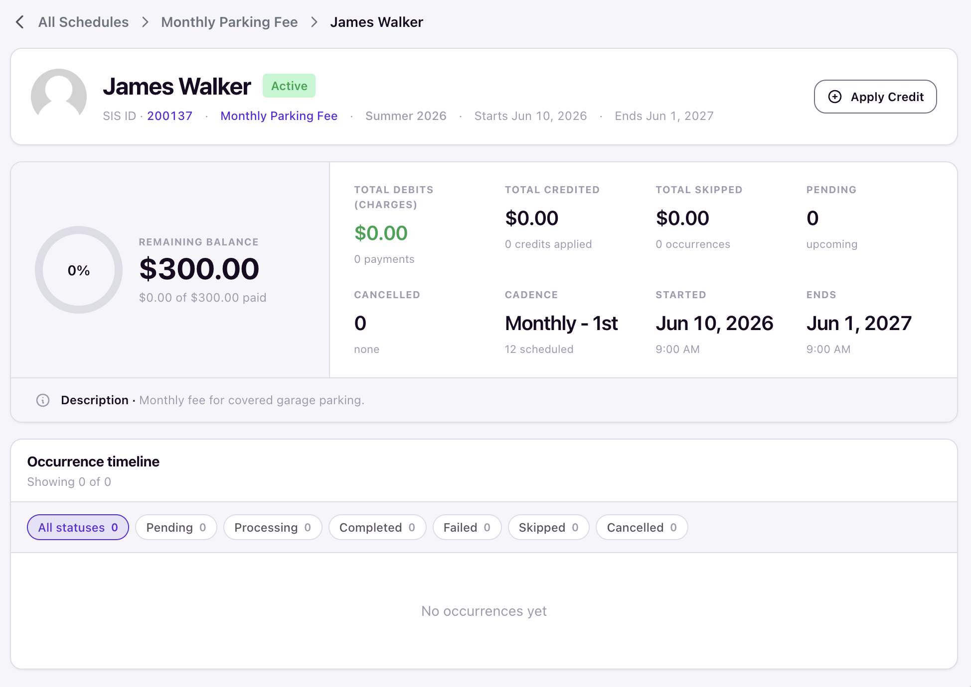 New assignment detail showing zero percent paid and no occurrences yet