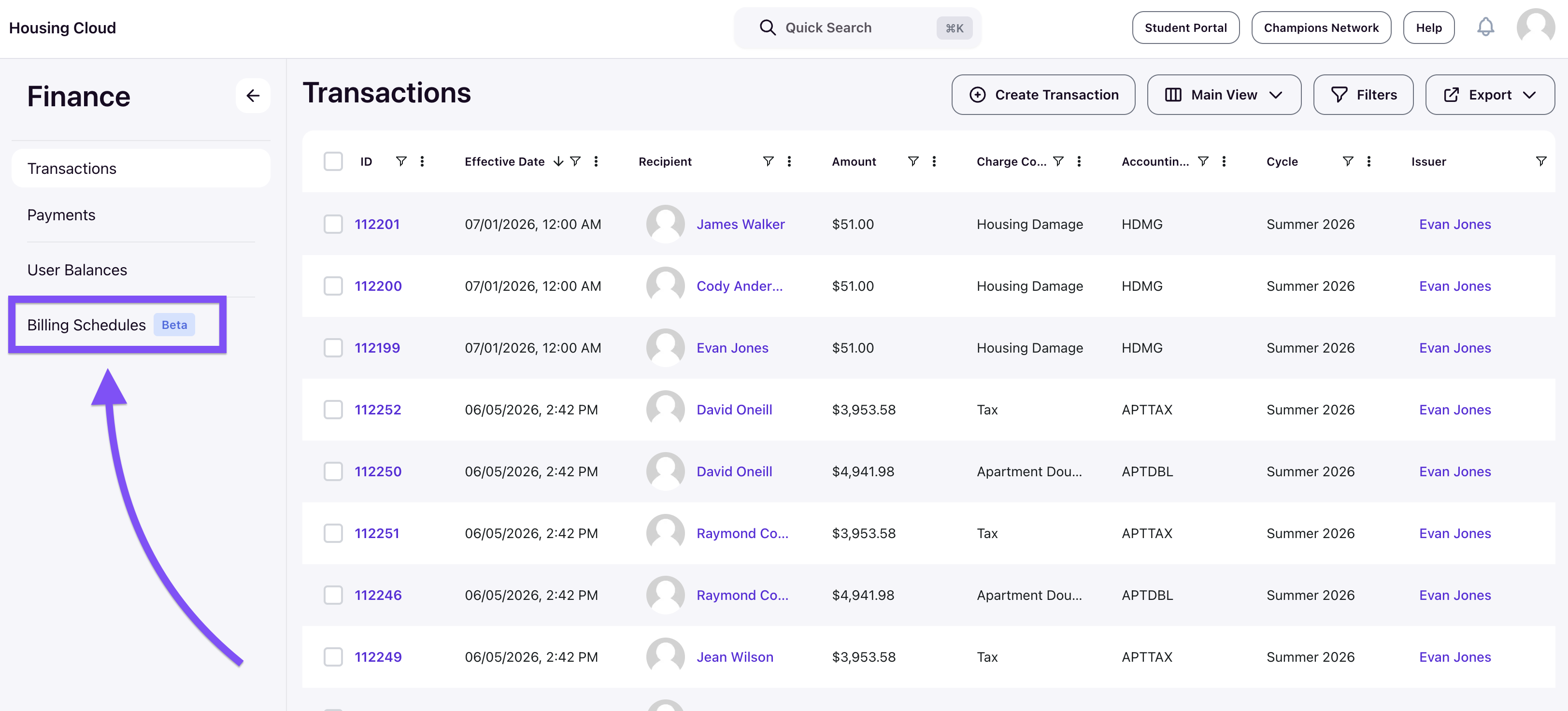 Finance left navigation showing Billing Schedules with a Beta tag