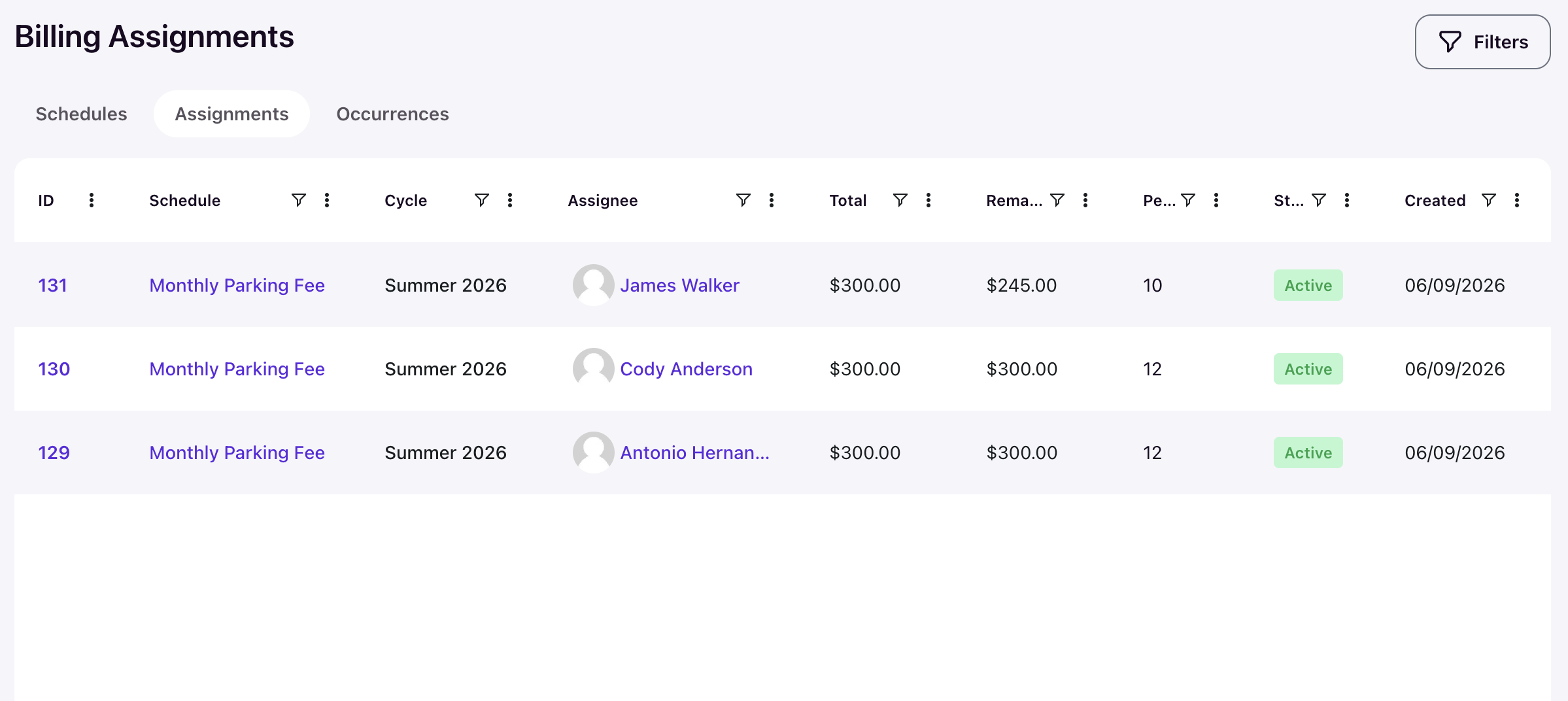 Billing Assignments tab showing resident-schedule pairings with total, remaining balance, pending count, status, and created date