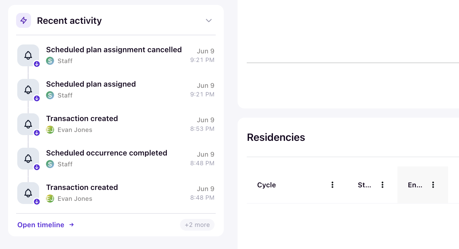 Student Recent activity card showing scheduled billing events and an open timeline link