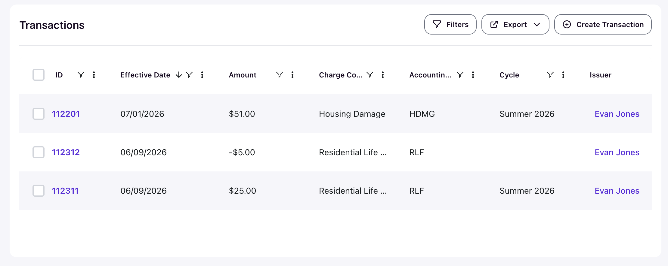 Transactions list showing scheduled charges with effective date, amount, charge code, cycle, and issuer