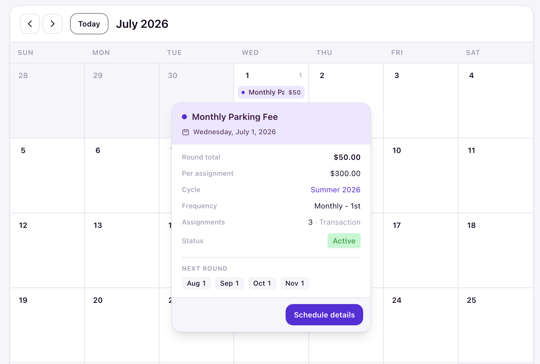 Calendar event popover showing schedule details, round total, per-assignment amount, next round date chips, and schedule details button