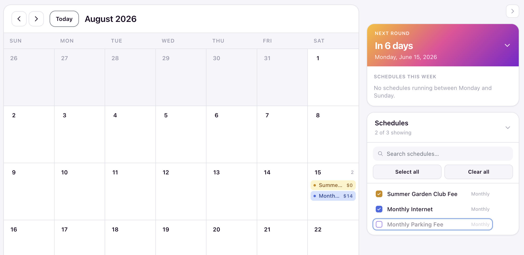 Calendar view showing multiple schedule events and the schedule checklist with select all and clear all controls