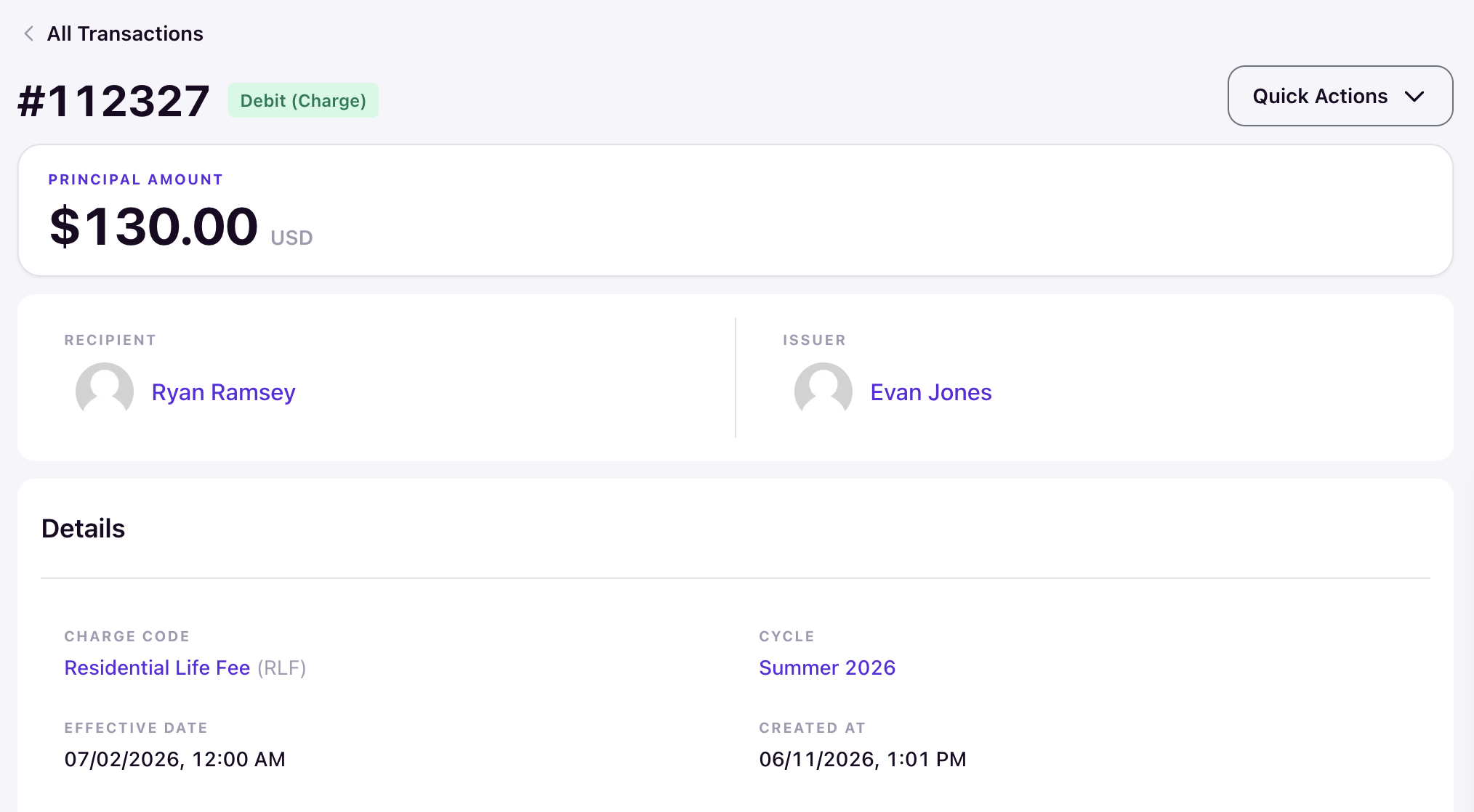 Transaction detail page showing charge code, cycle, effective date, and issuer