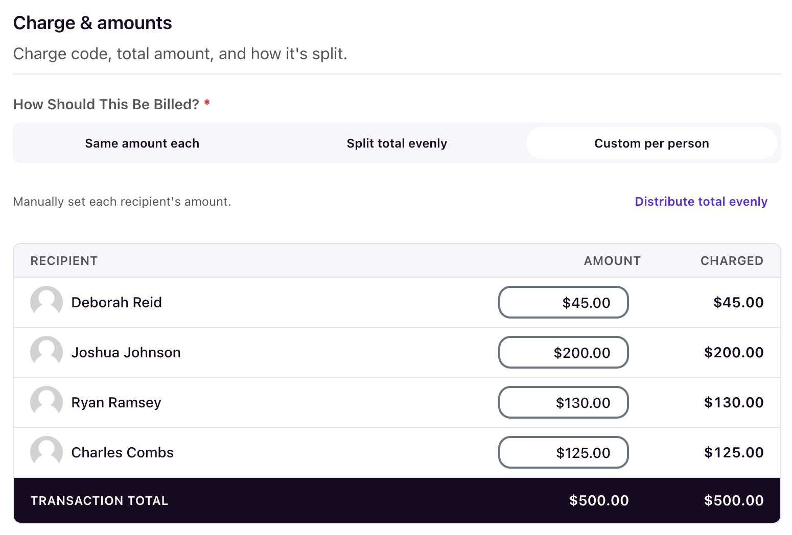 Custom per person with a different amount entered for each recipient