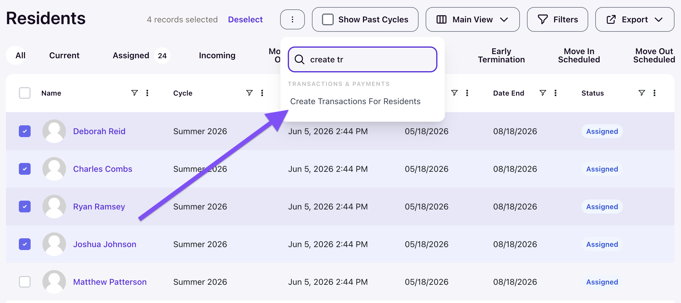 Residents grid with several residents selected and the Create Transactions For Residents action