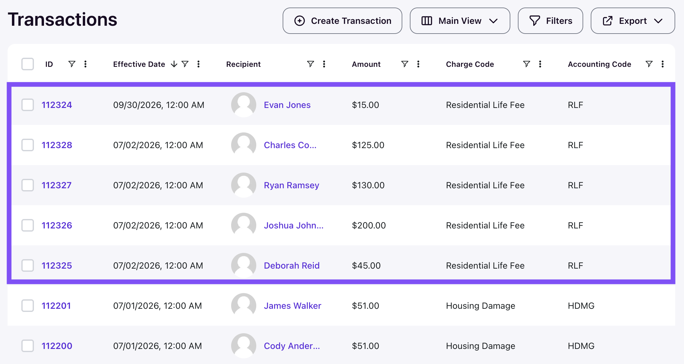 Transactions table showing newly created transactions with effective date, amount, and charge code