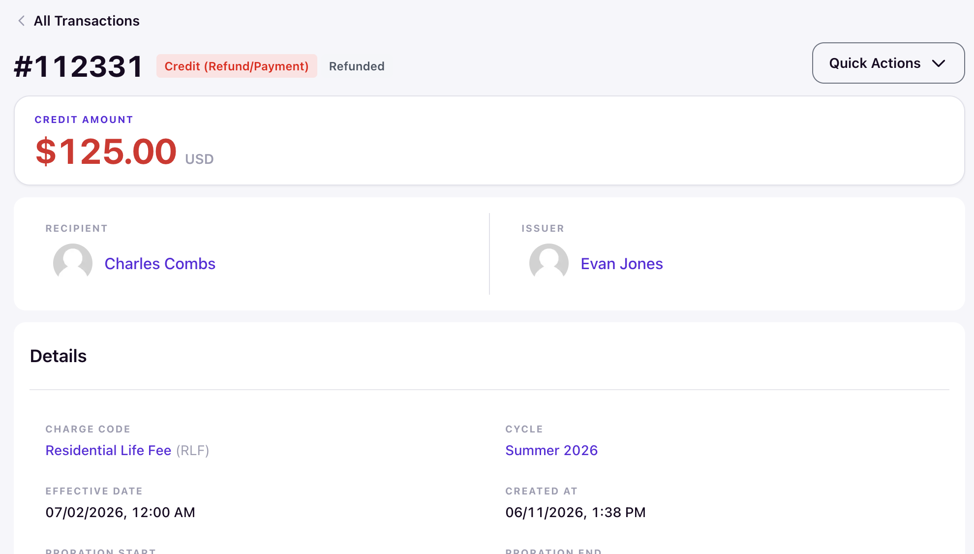 Refunded credit transaction detail page showing Credit (Refund/Payment) type and Refunded status