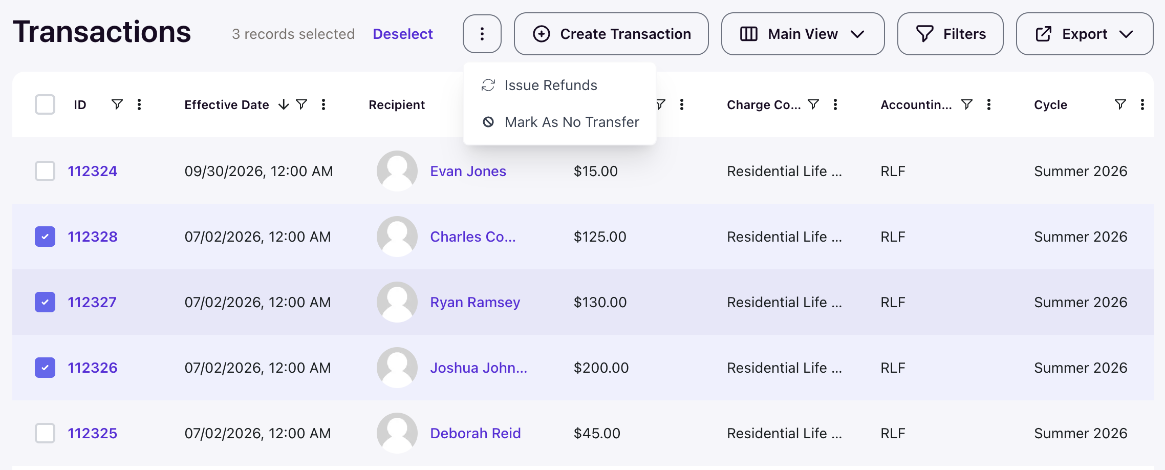 Transactions table with several rows selected and Issue Refunds in the selection menu
