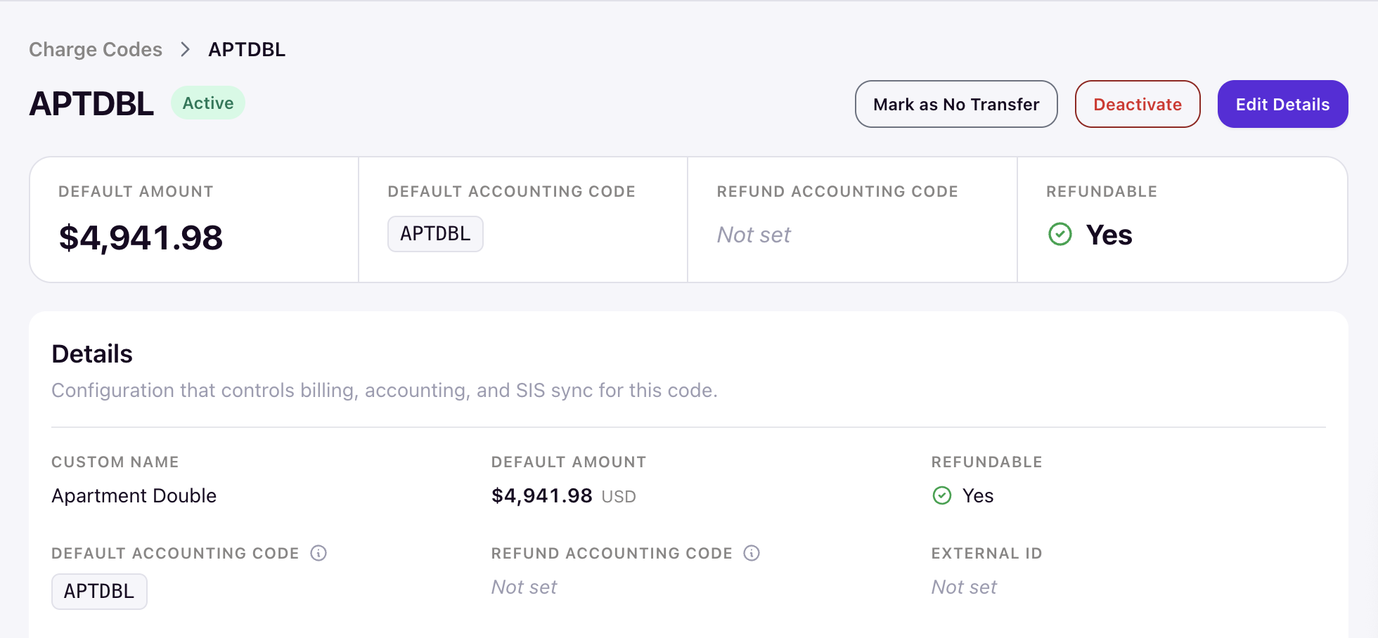Charge code detail page showing Refundable status set to Yes and Refund Accounting Code field