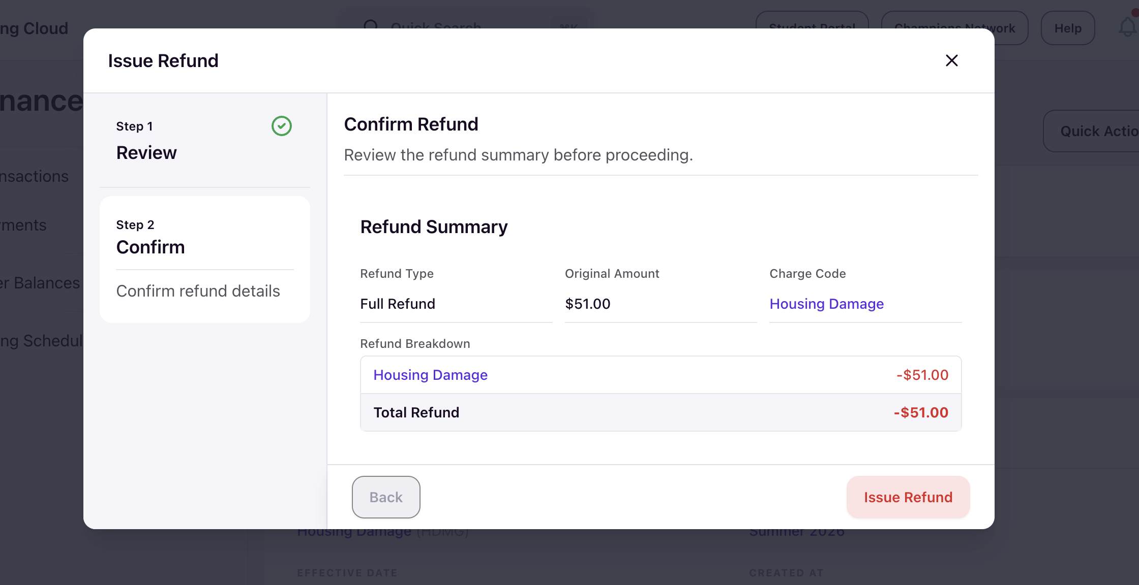 Issue Refund wizard Confirm step showing refund summary and breakdown