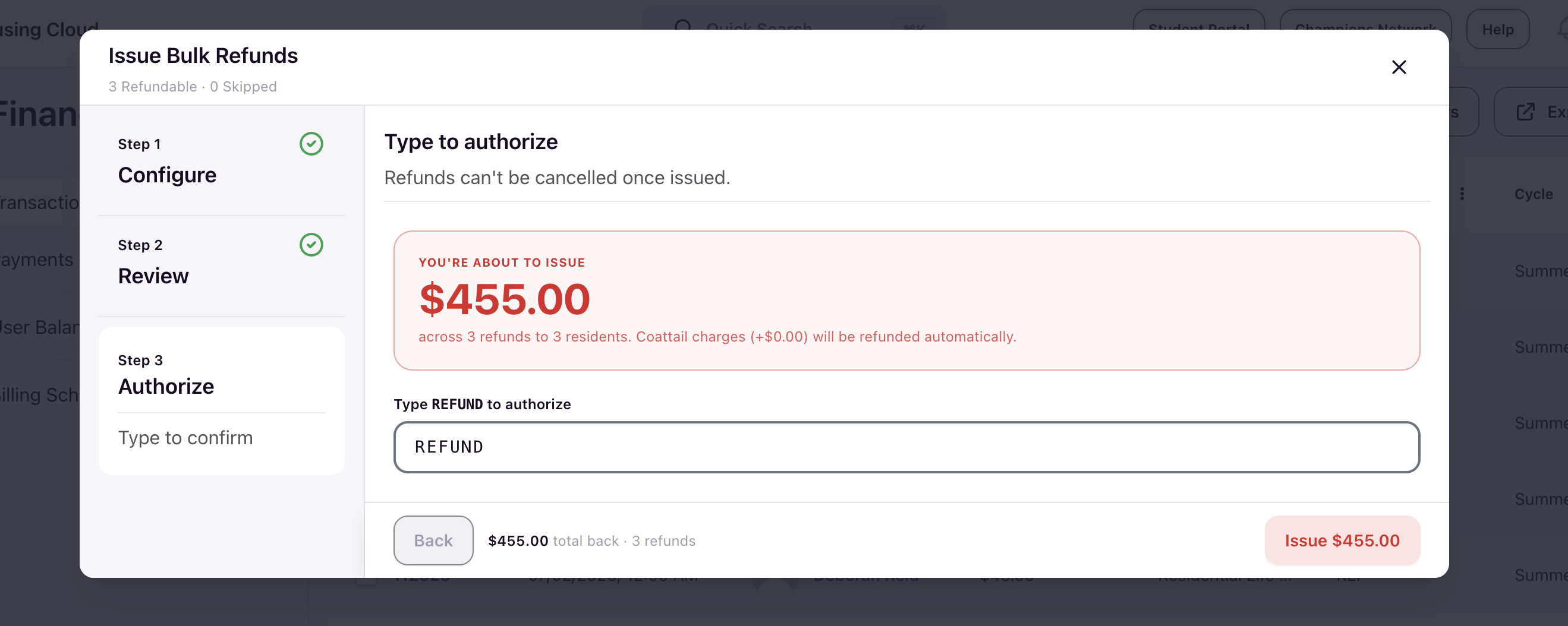 Bulk refund Authorize step showing the total to issue and the REFUND confirmation field