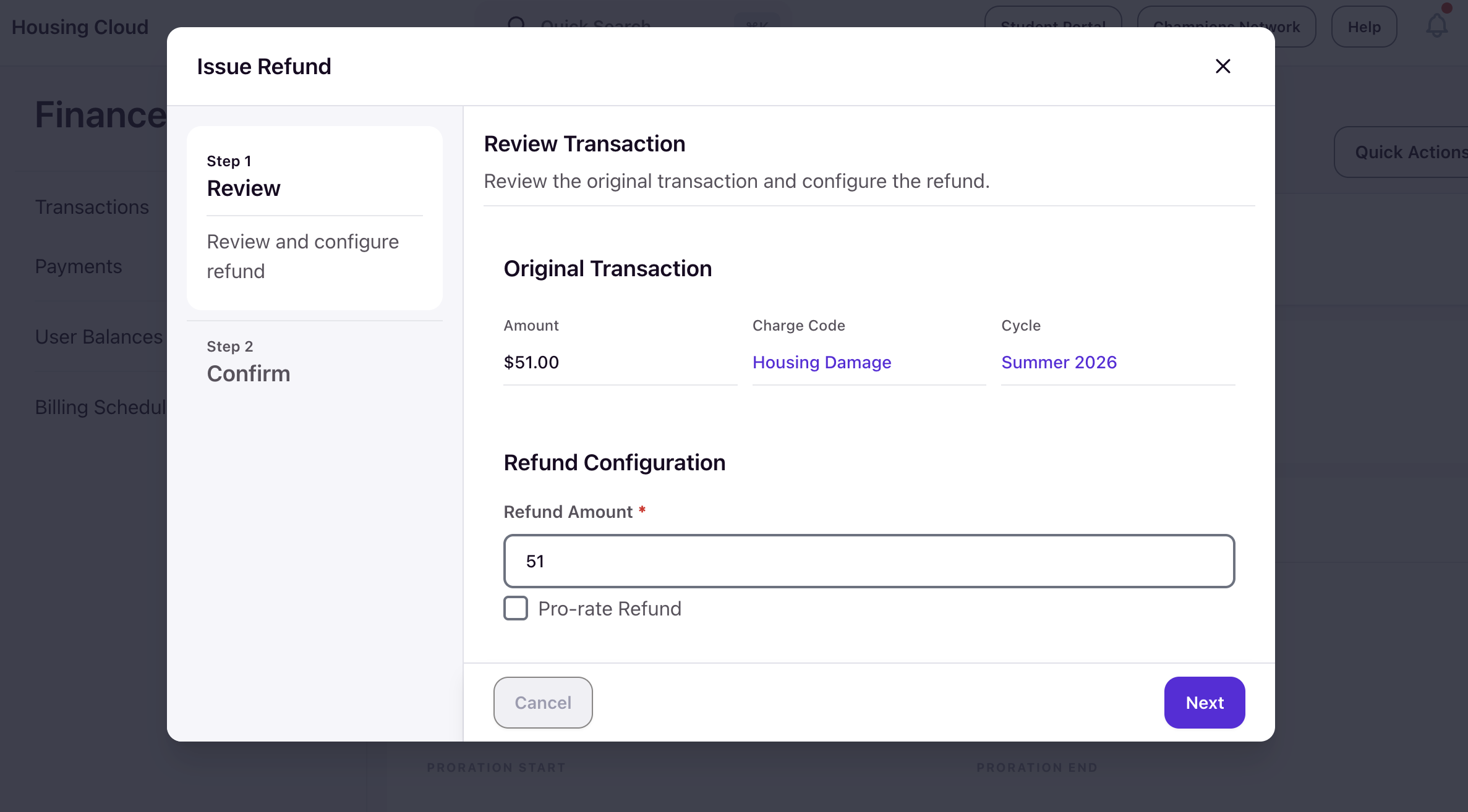 Issue Refund wizard Review step showing original transaction details and refund amount field