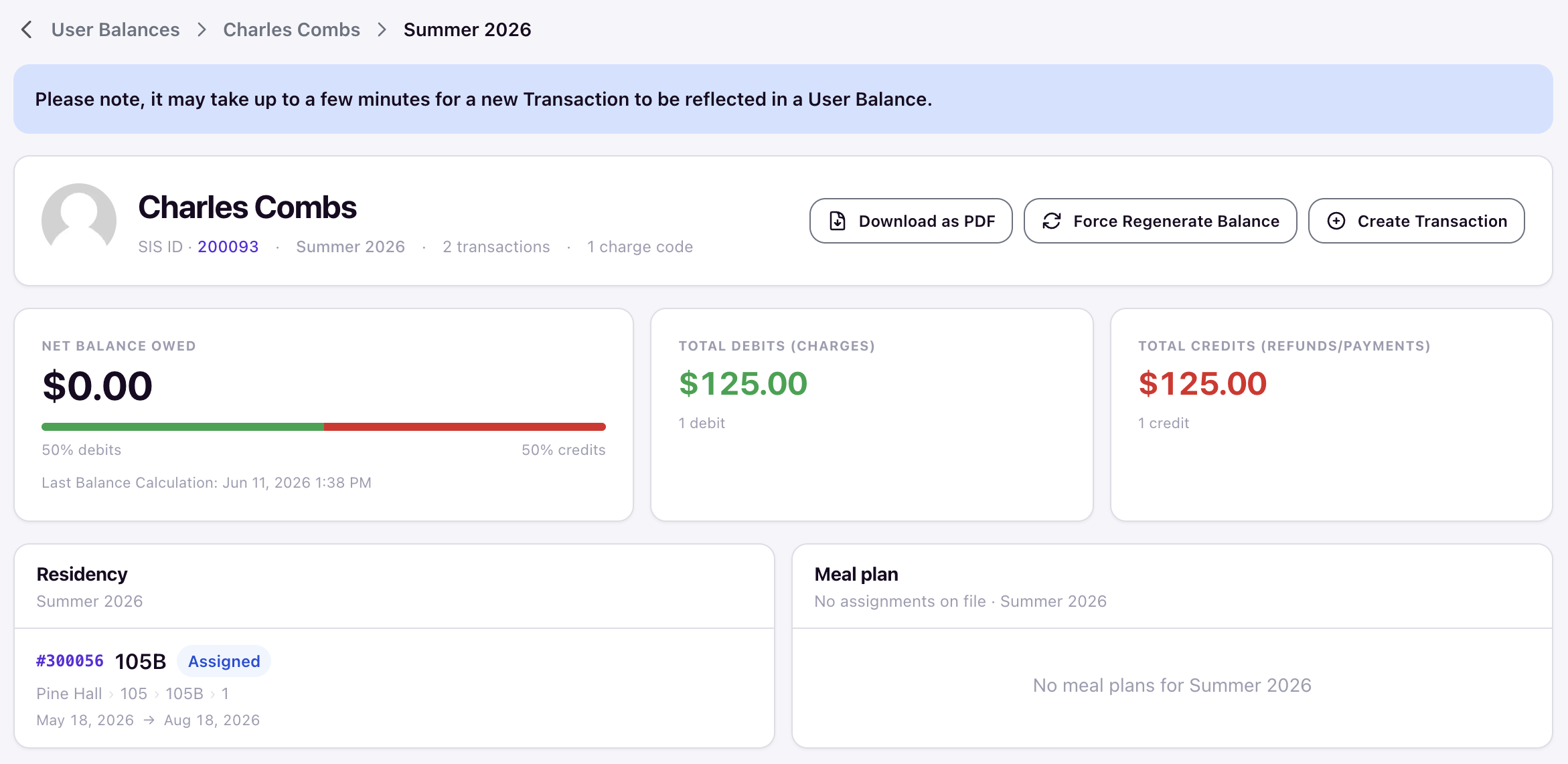 User Balance showing matched debits and credits netting to zero