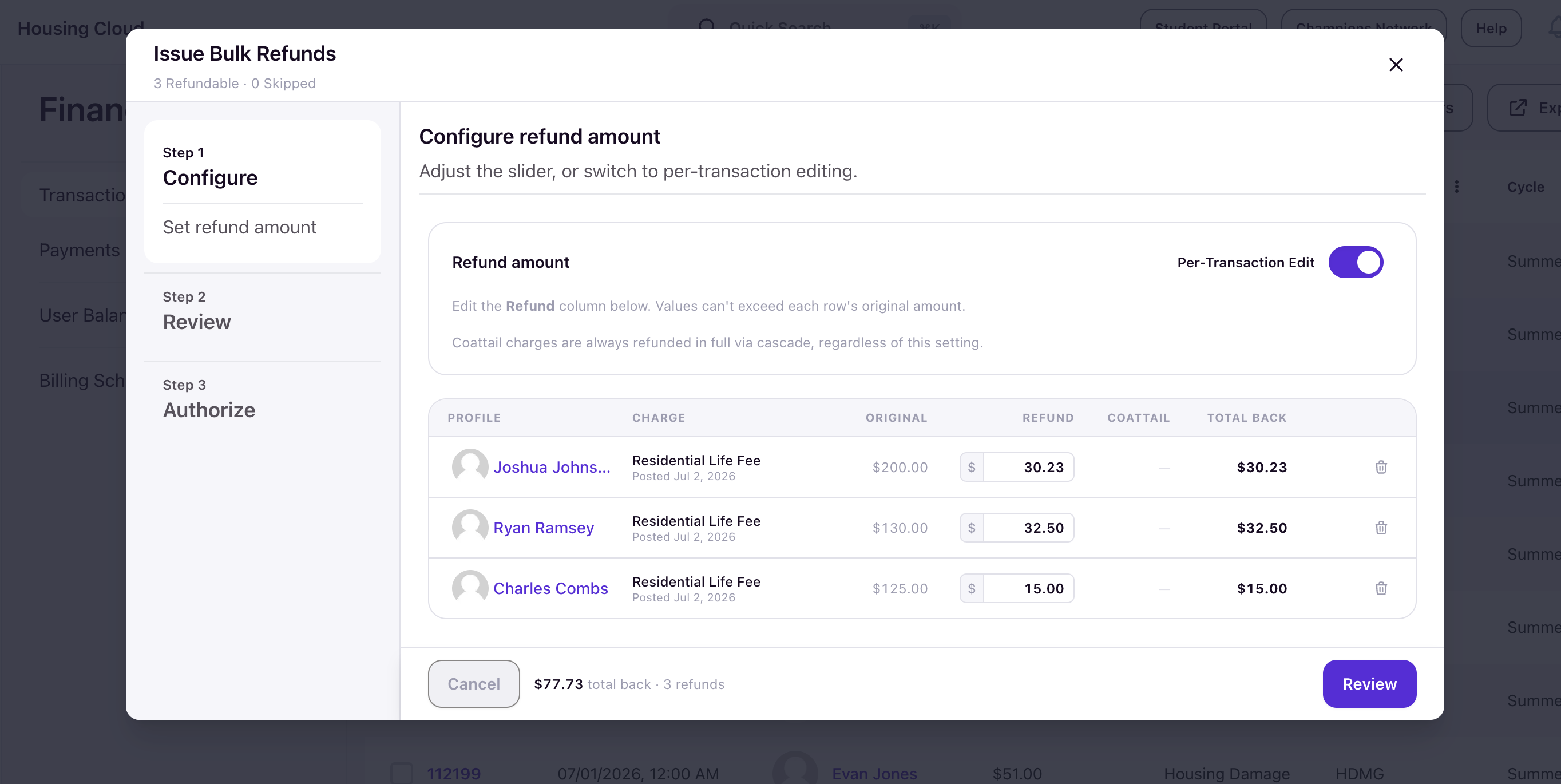 Bulk refund Configure step with Per-Transaction Edit toggled on and custom dollar amounts per row