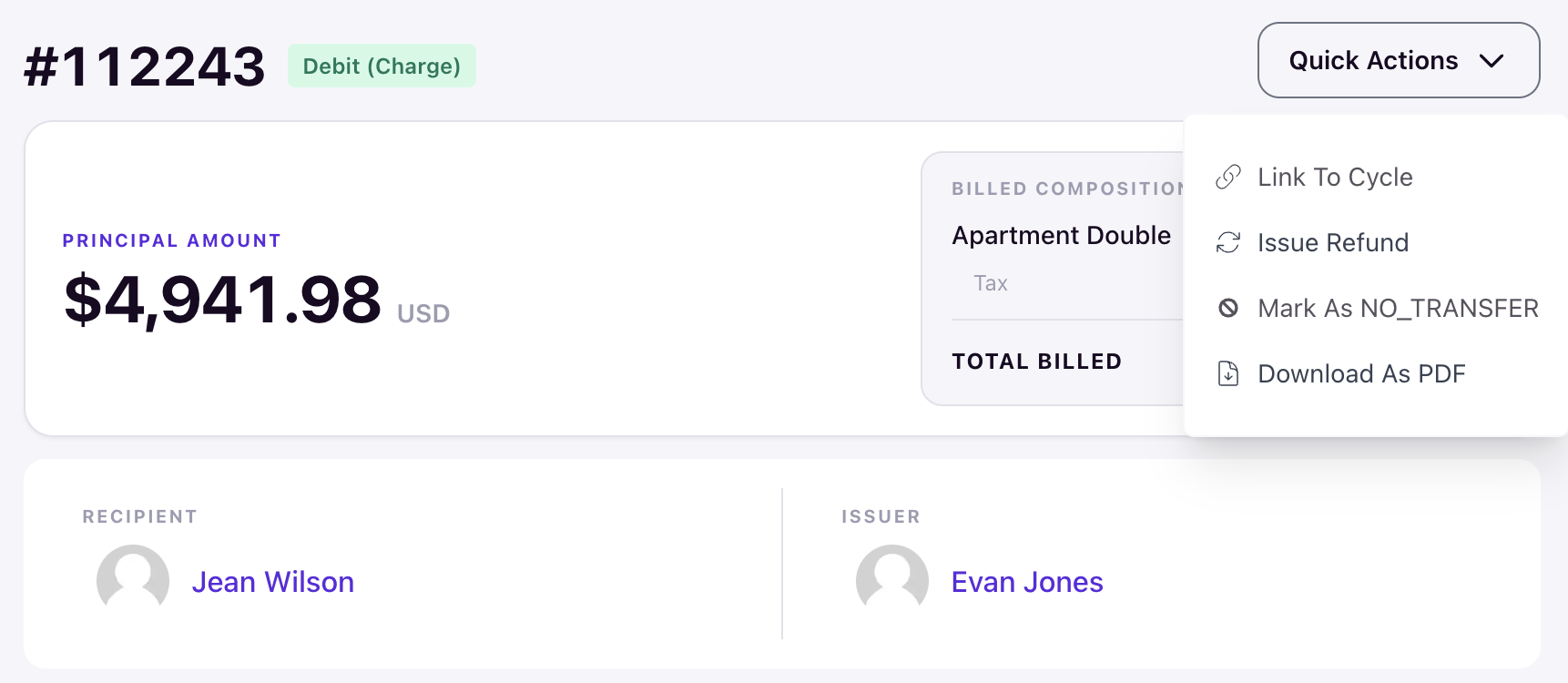 A transaction's Quick Actions menu open with Mark As NO_TRANSFER