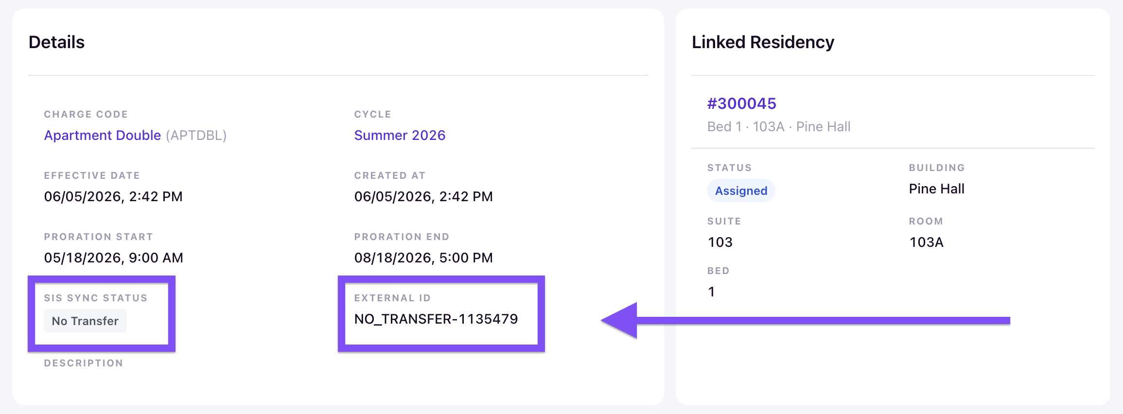 Transaction Details panel showing SIS Sync status No Transfer and a NO_TRANSFER External ID