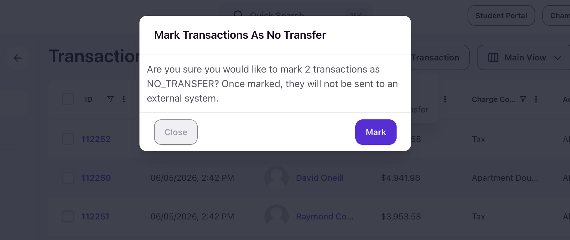 The Mark Transactions As No Transfer confirmation dialog with Close and Mark buttons