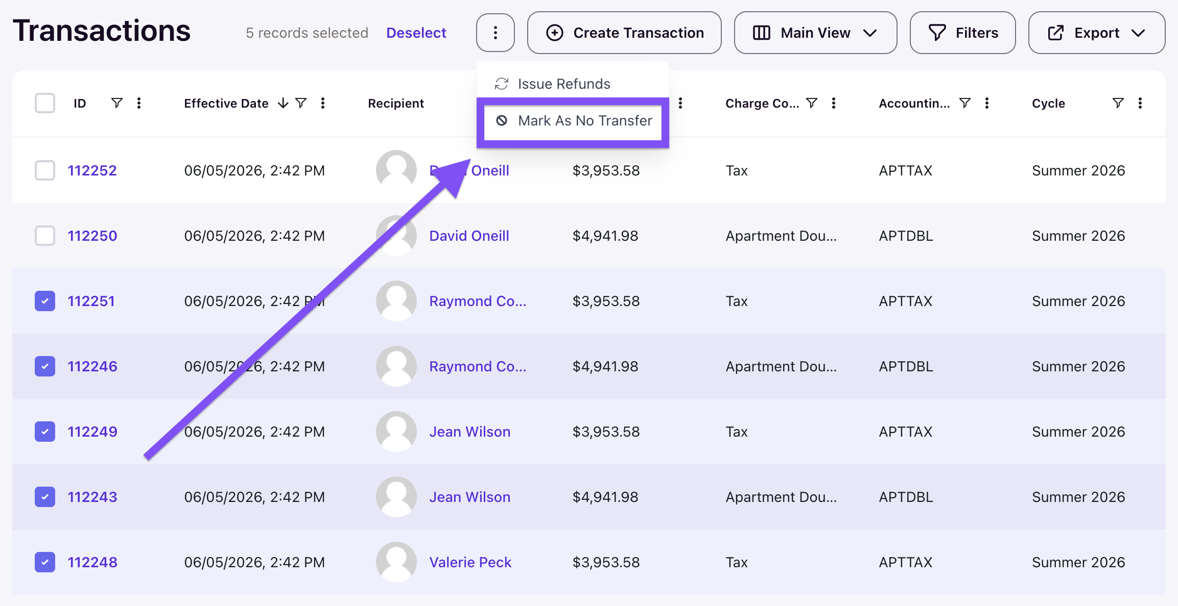 Transactions table with several rows selected and Mark As No Transfer in the overflow menu