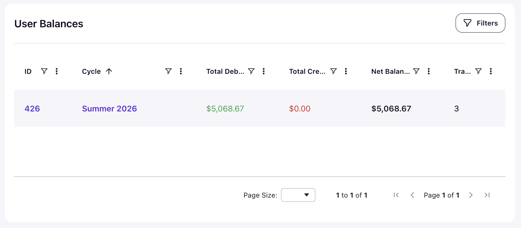 Student-facing balance view showing a single cycle with total debits, total credits, net balance, and transaction count