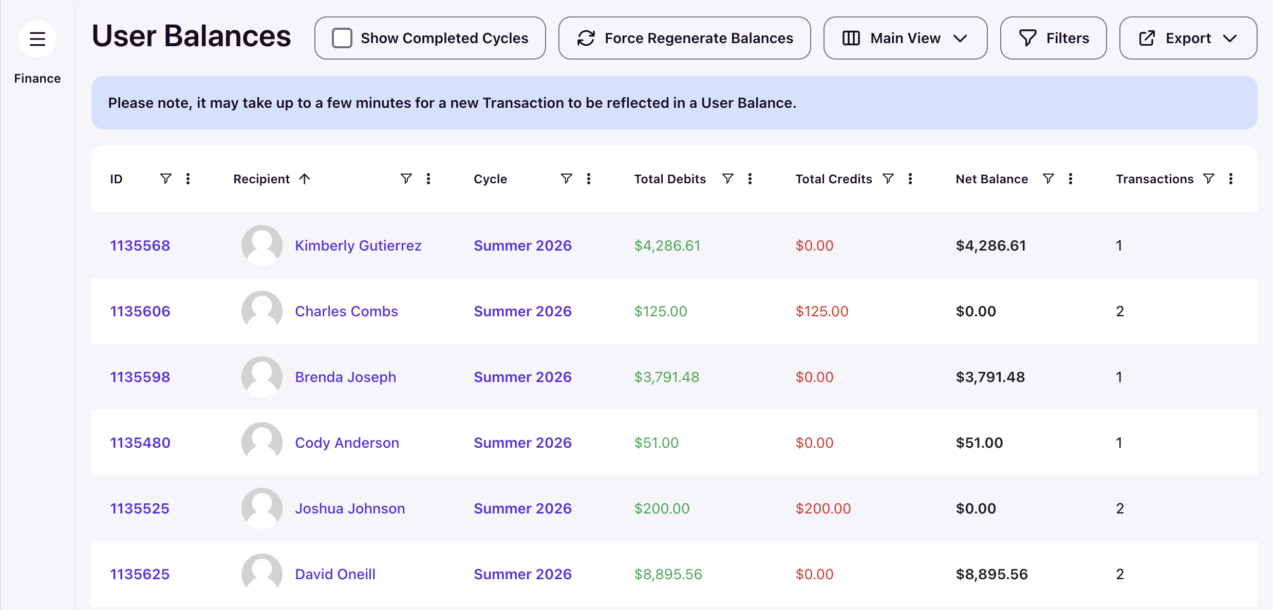 User Balances grid showing columns for ID, Recipient, Cycle, Total Debits, Total Credits, Net Balance, and Transactions, with a banner noting balances may take a few minutes to update