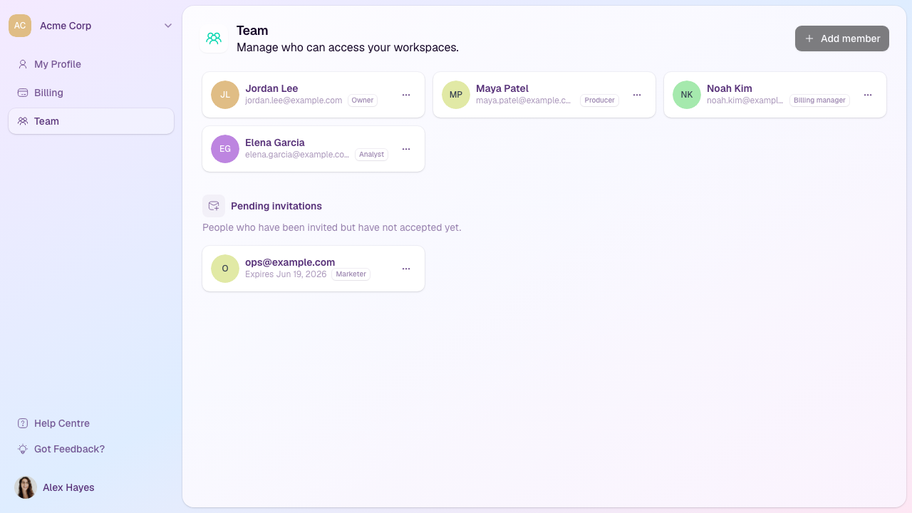 The HeyStream Team page showing team members, roles, and a pending invitation