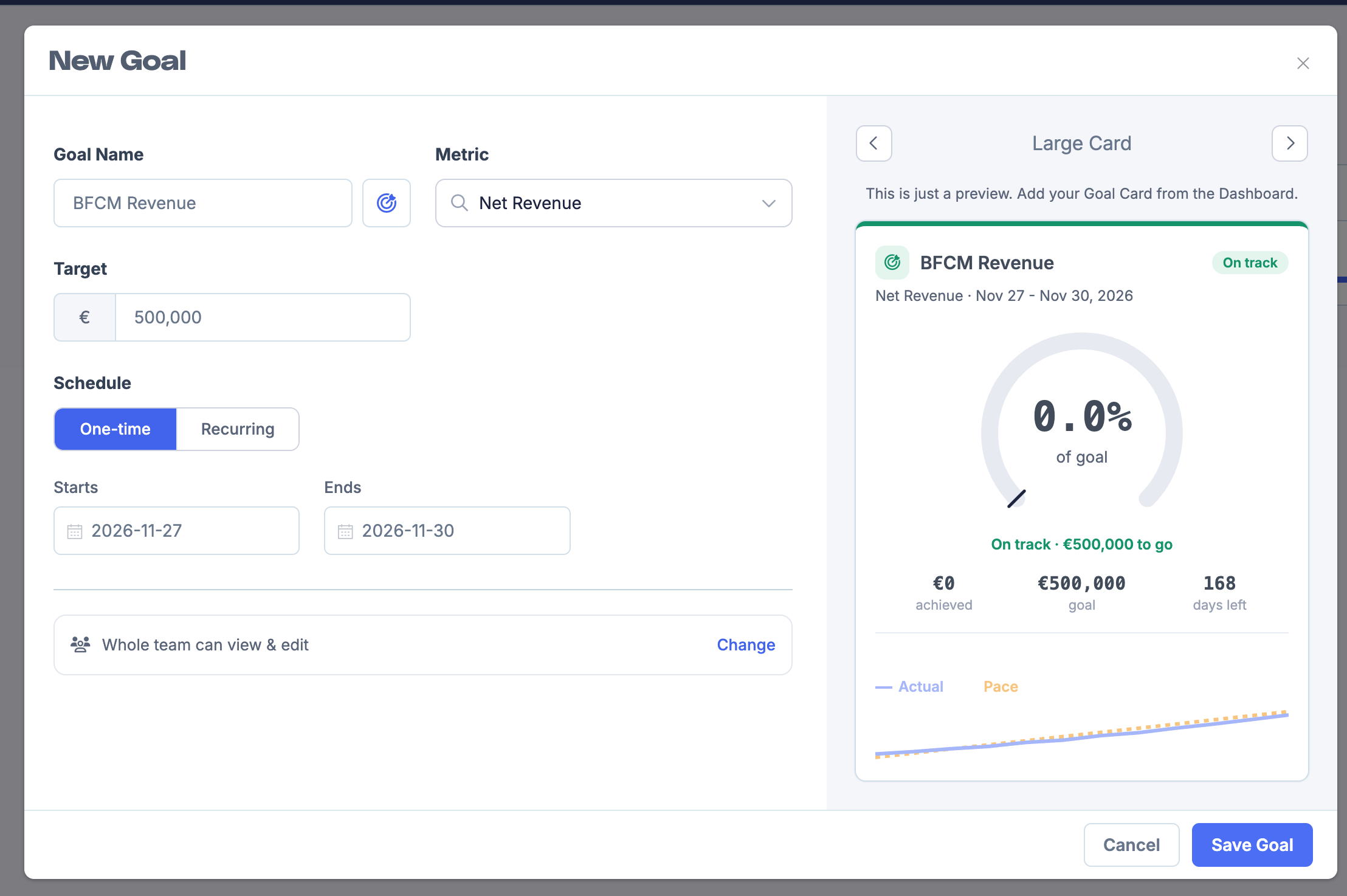 New Goal modal configured for a one-time BFCM Revenue goal