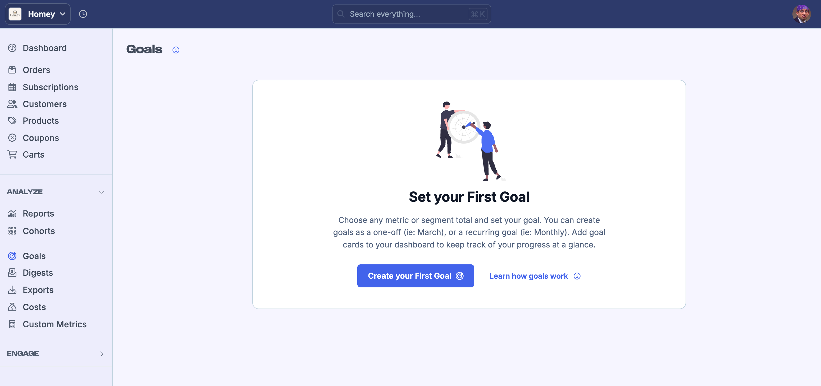 Goals page showing the empty state with a prompt to create your first goal
