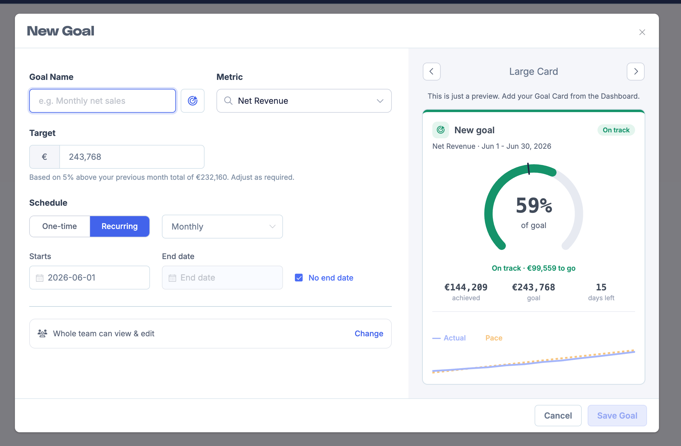 New Goal modal with form fields and a live preview card