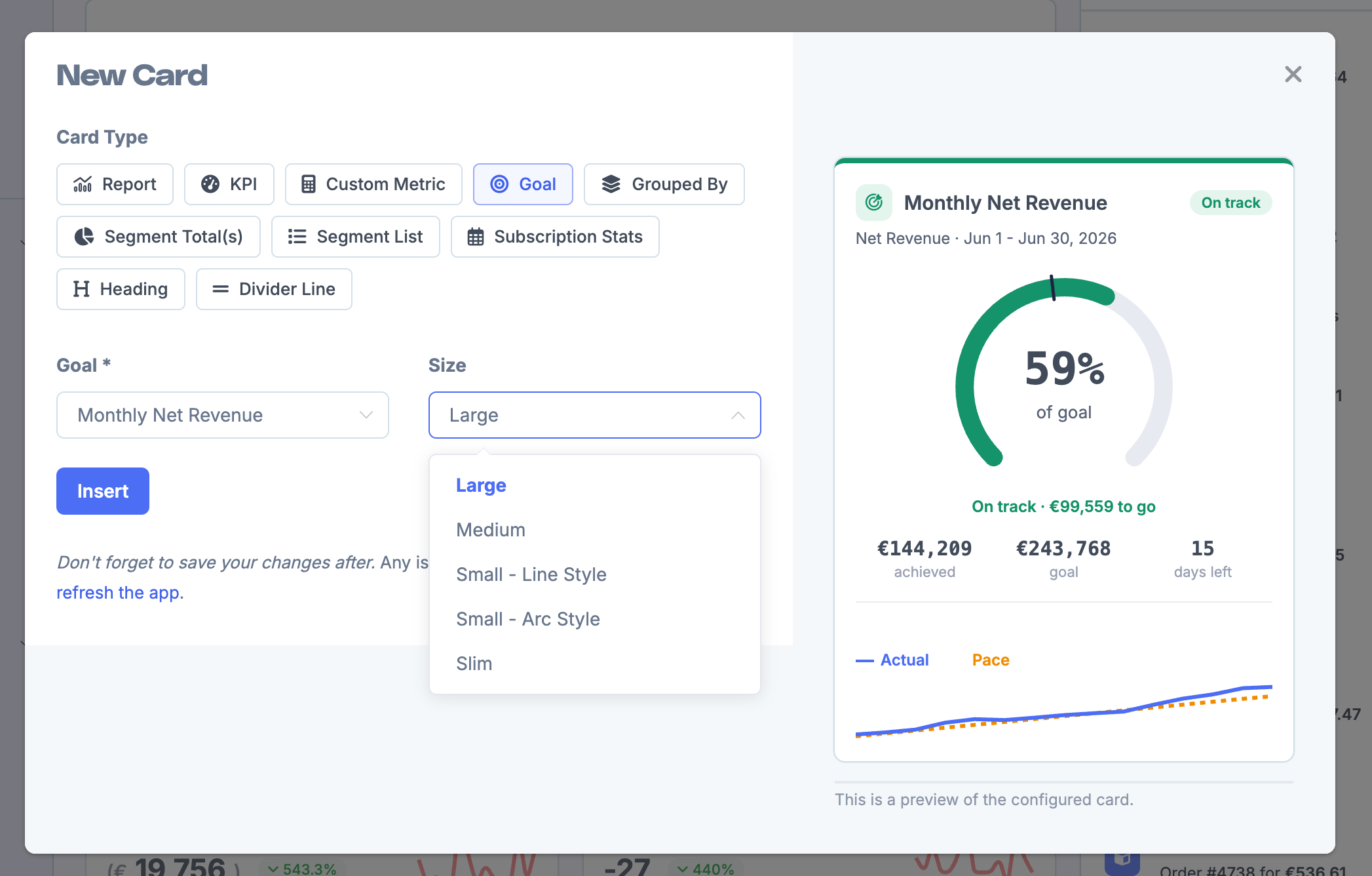 New Card modal with Goal selected and a live preview of the goal card