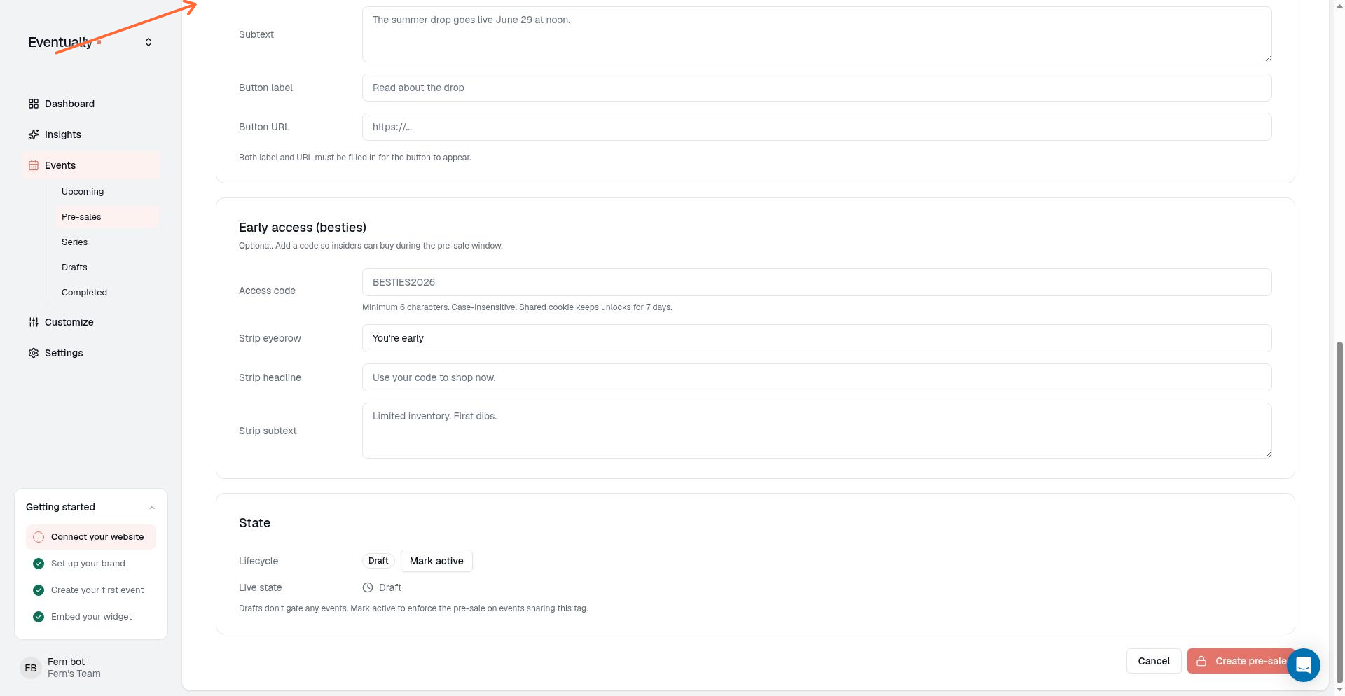The New pre-sale form showing the Timing fields: Visible at, Bestie access starts, and Public on-sale