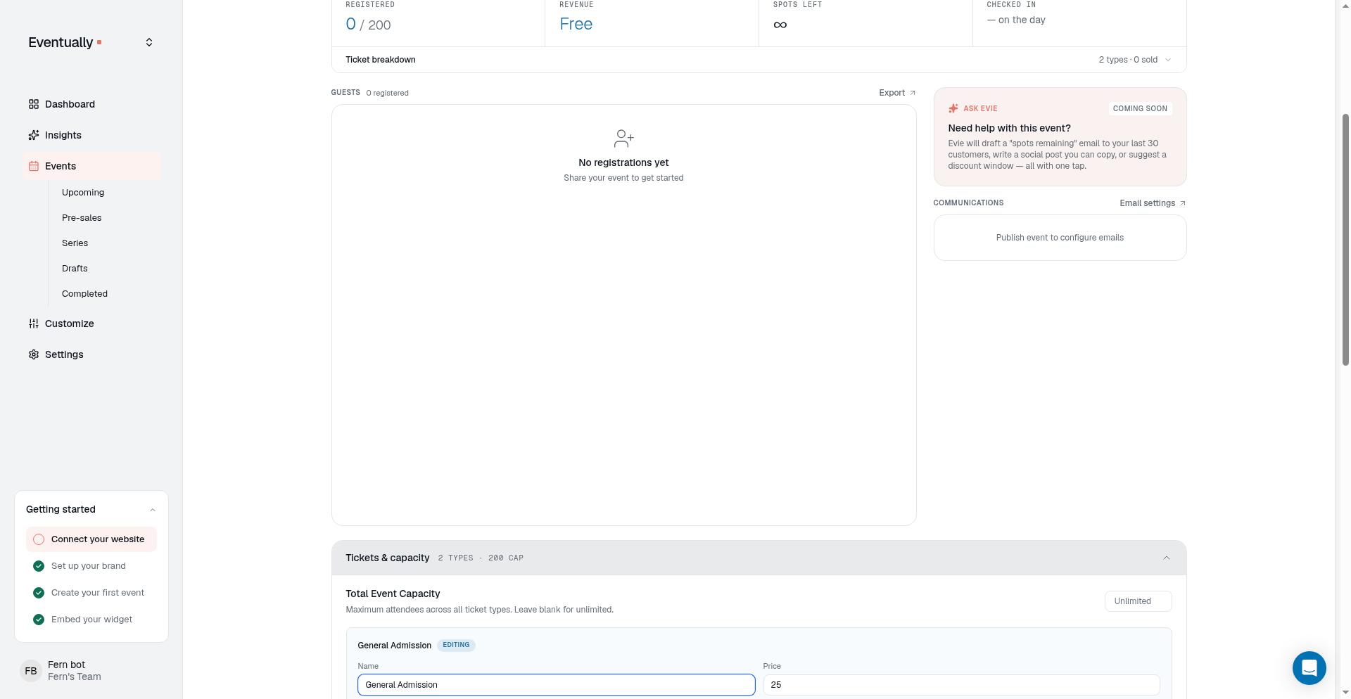 The ticket type editor showing the Access code field and its helper text