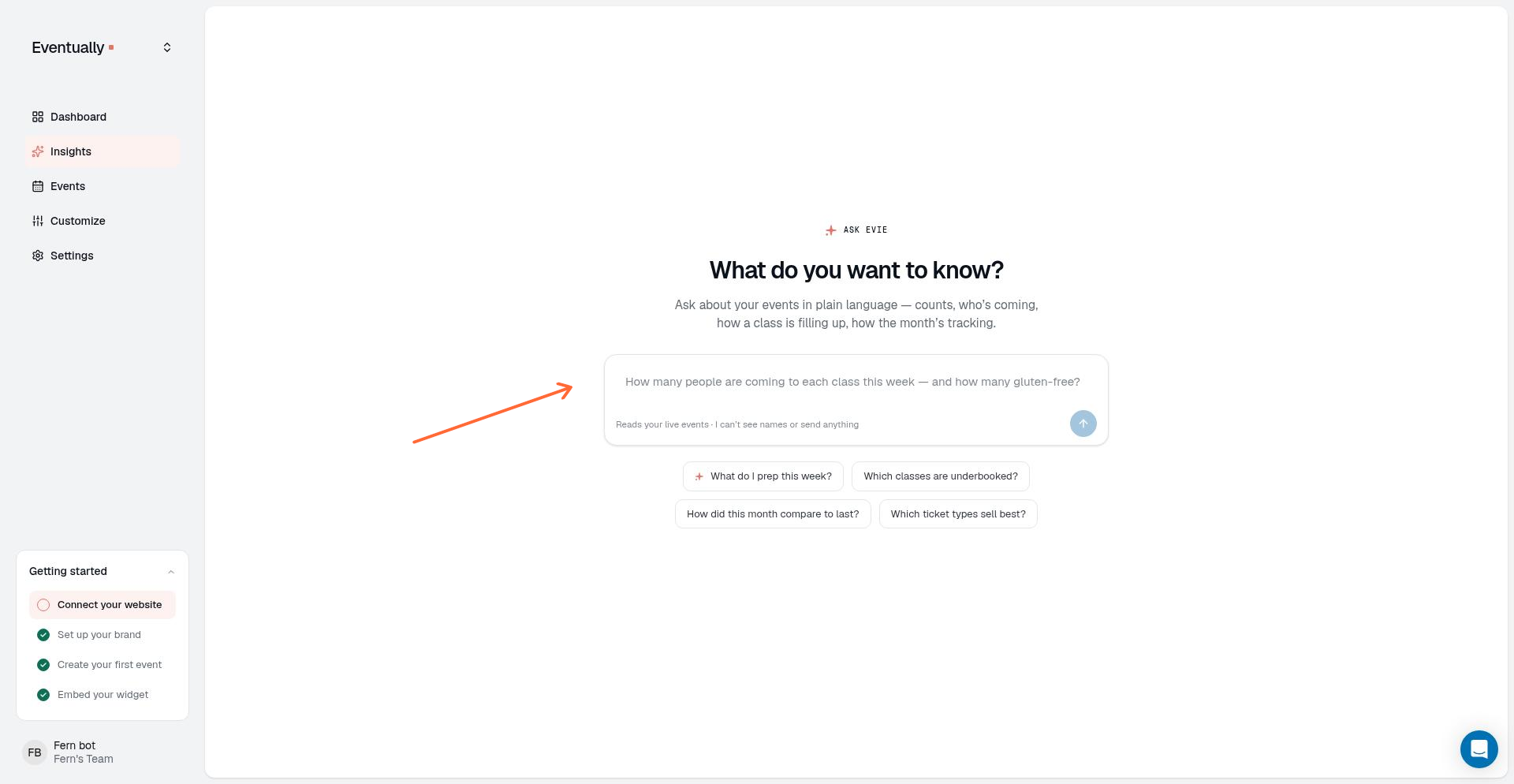 Ask Evie empty state with suggested questions