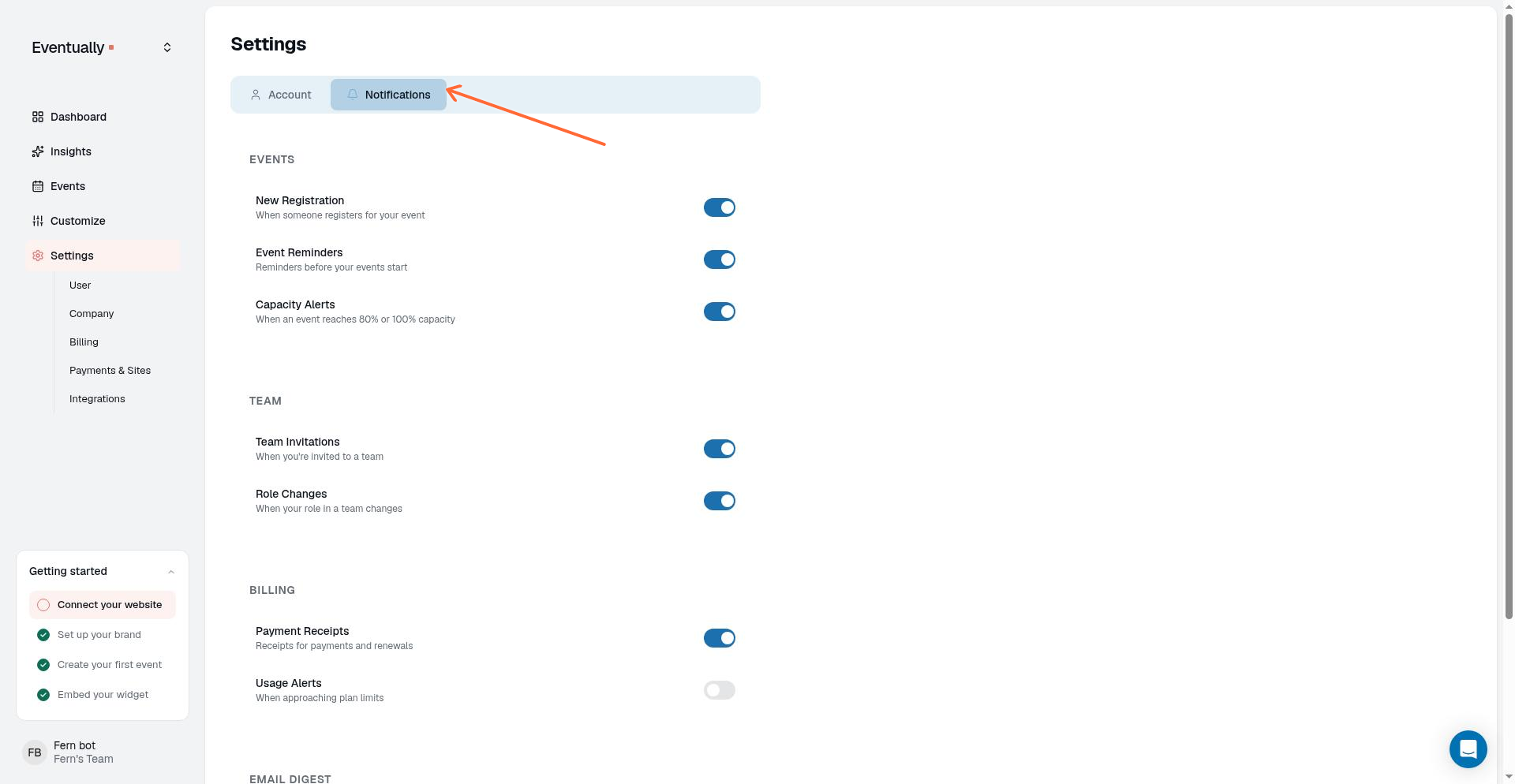 Settings page with the Notifications tab selected