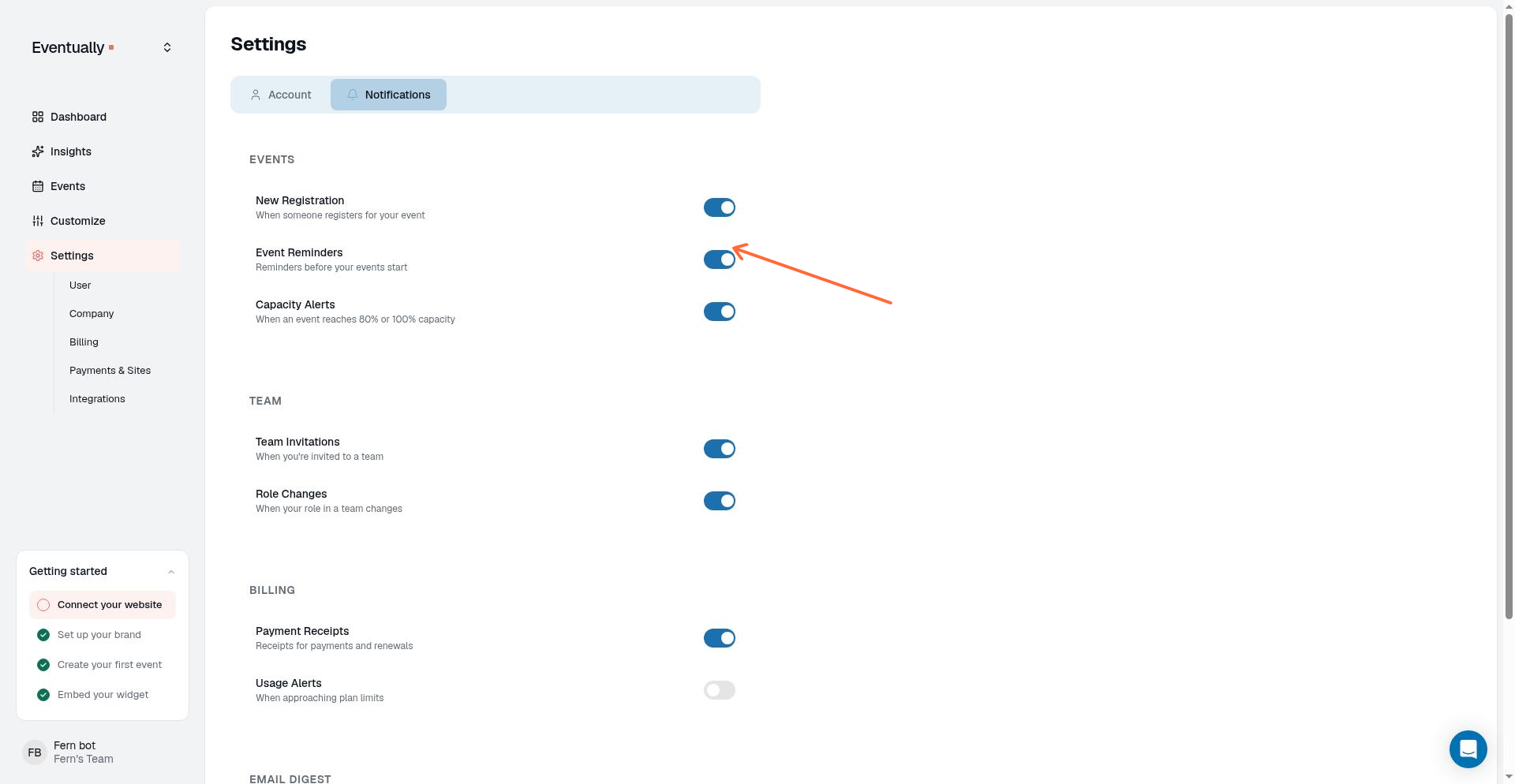 Event notification toggles for New Registration and Capacity Alerts
