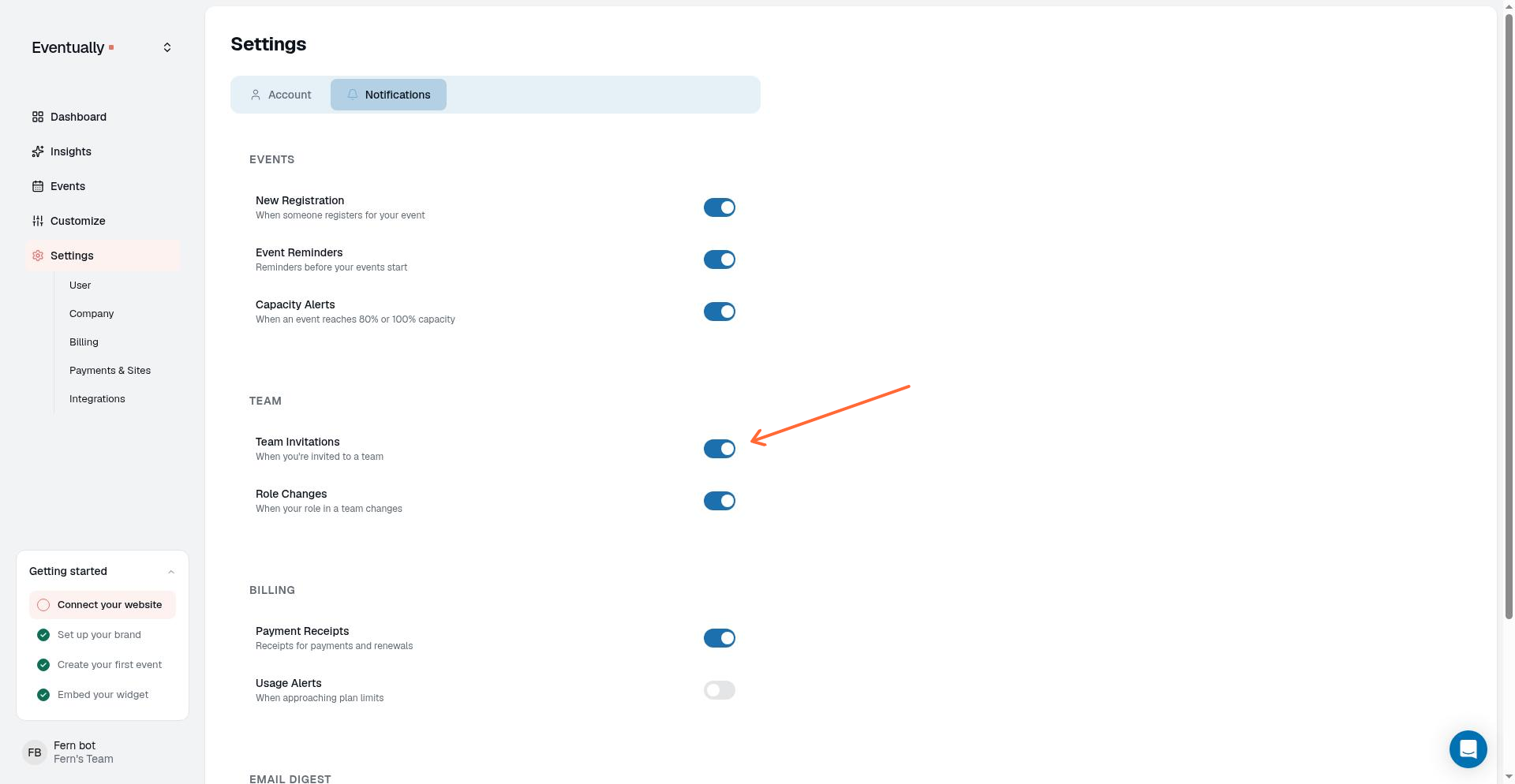 Team notification toggles for Team Invitations and Role Changes