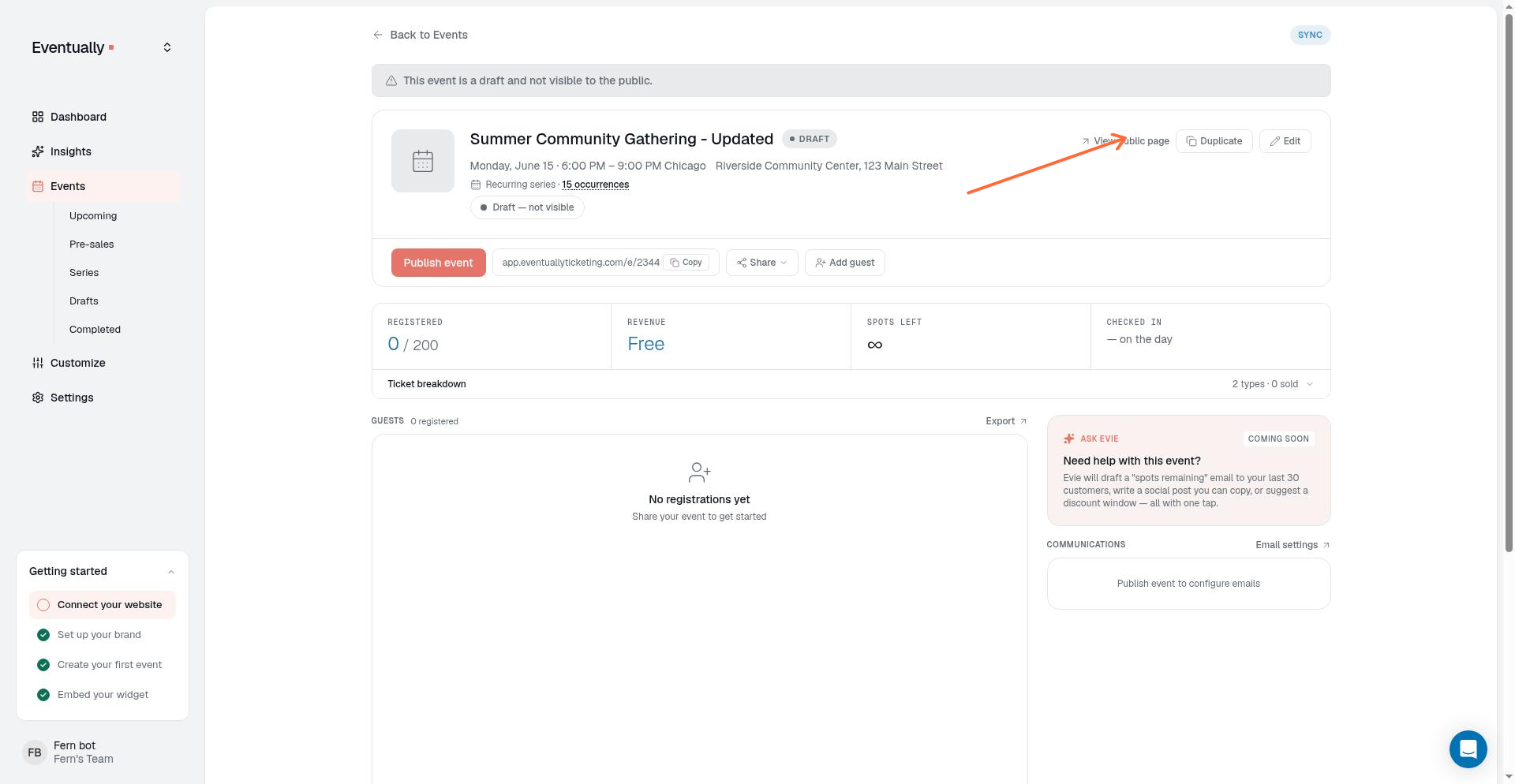 Event detail page showing the Duplicate button next to Edit and View public page