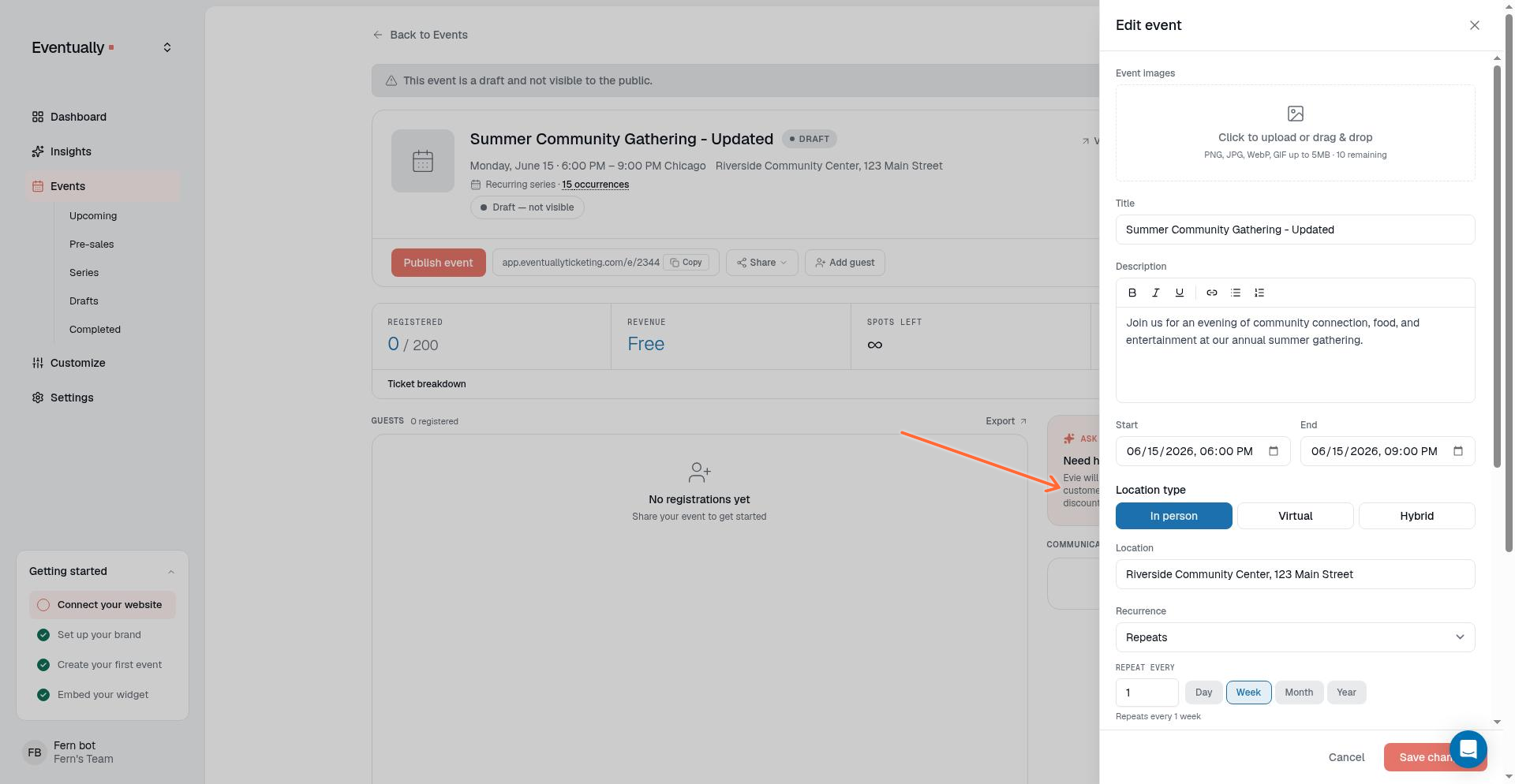 Event editor showing the Format selector with In person, Virtual, and Hybrid options