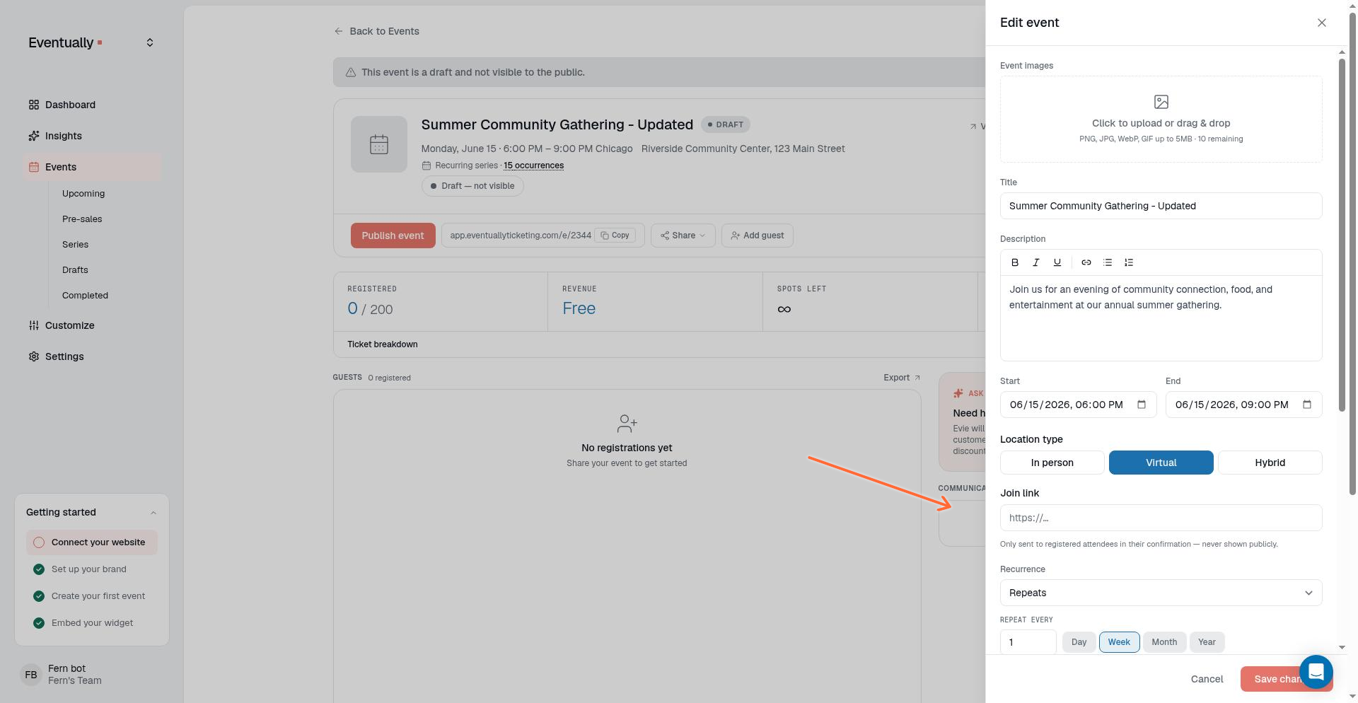 Join link field for a Virtual event with helper text explaining it is only sent to registered attendees