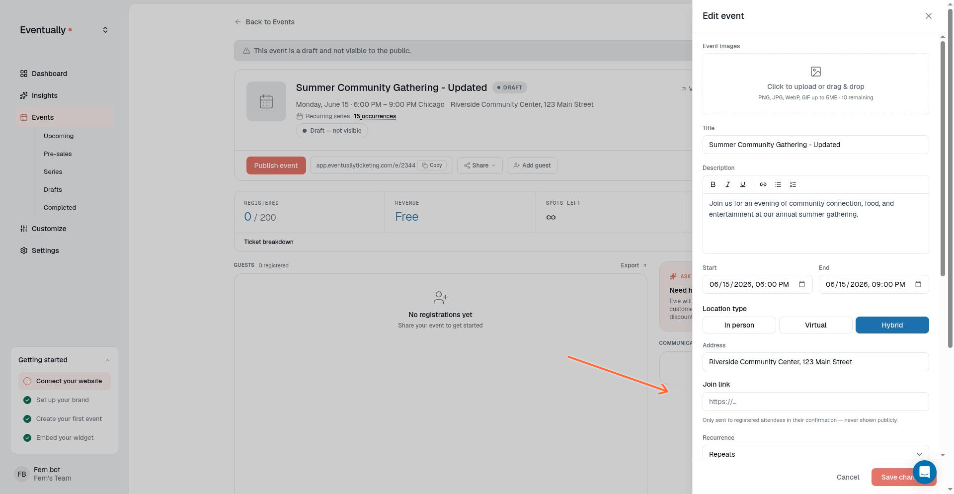 Hybrid event showing both the Address field and the Join link field