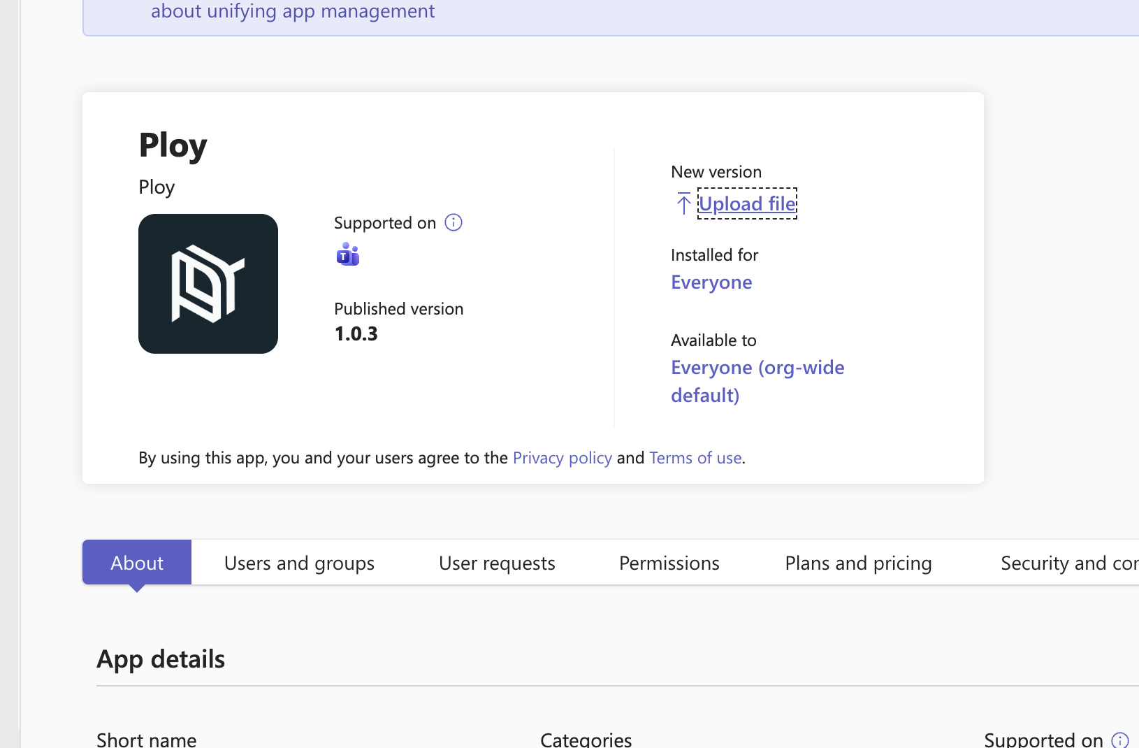 Microsoft Teams admin center showing the Ploy app with New version and Upload file options visible