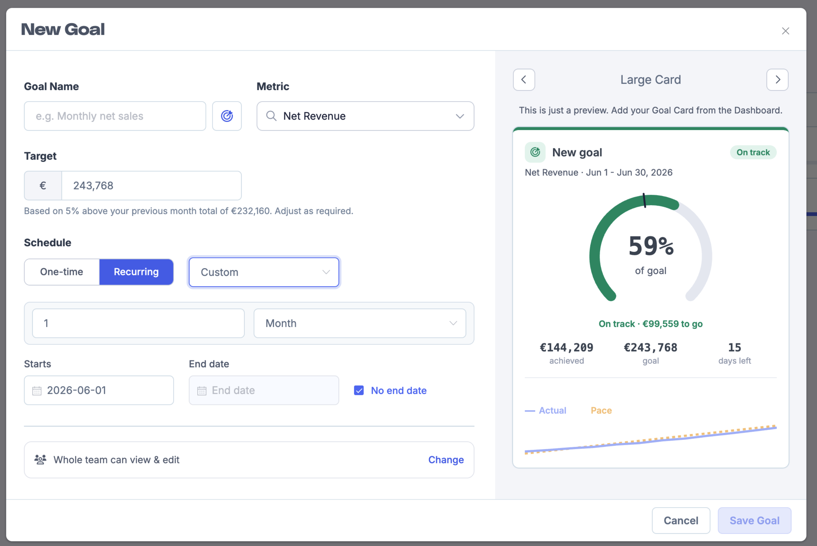 New Goal modal with the Save Goal button and a live preview of the goal card