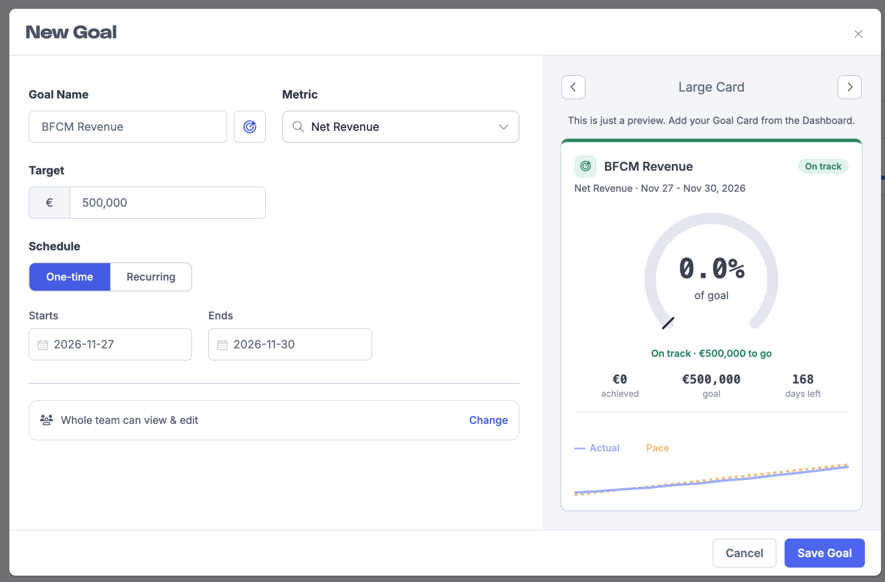 New Goal creation modal showing Goal Name and Icon fields