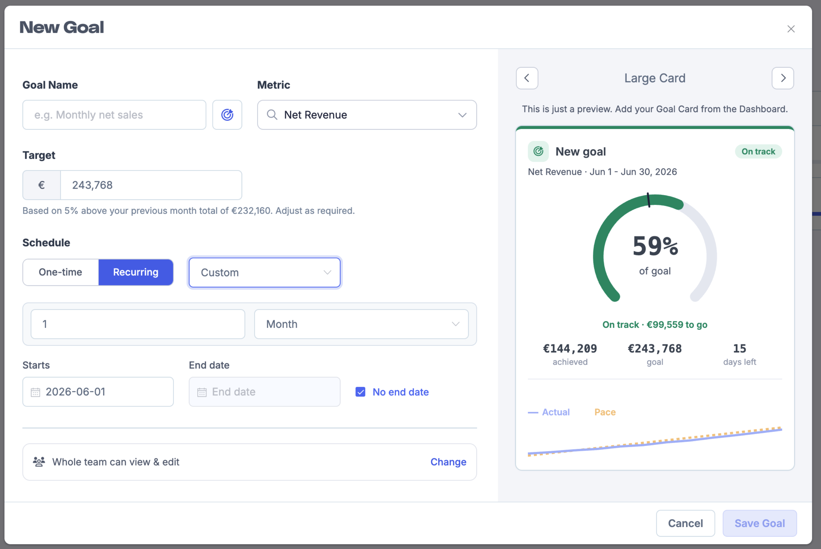 Recurring schedule options showing Daily, Weekly, Monthly, Quarterly, Yearly, and Custom choices