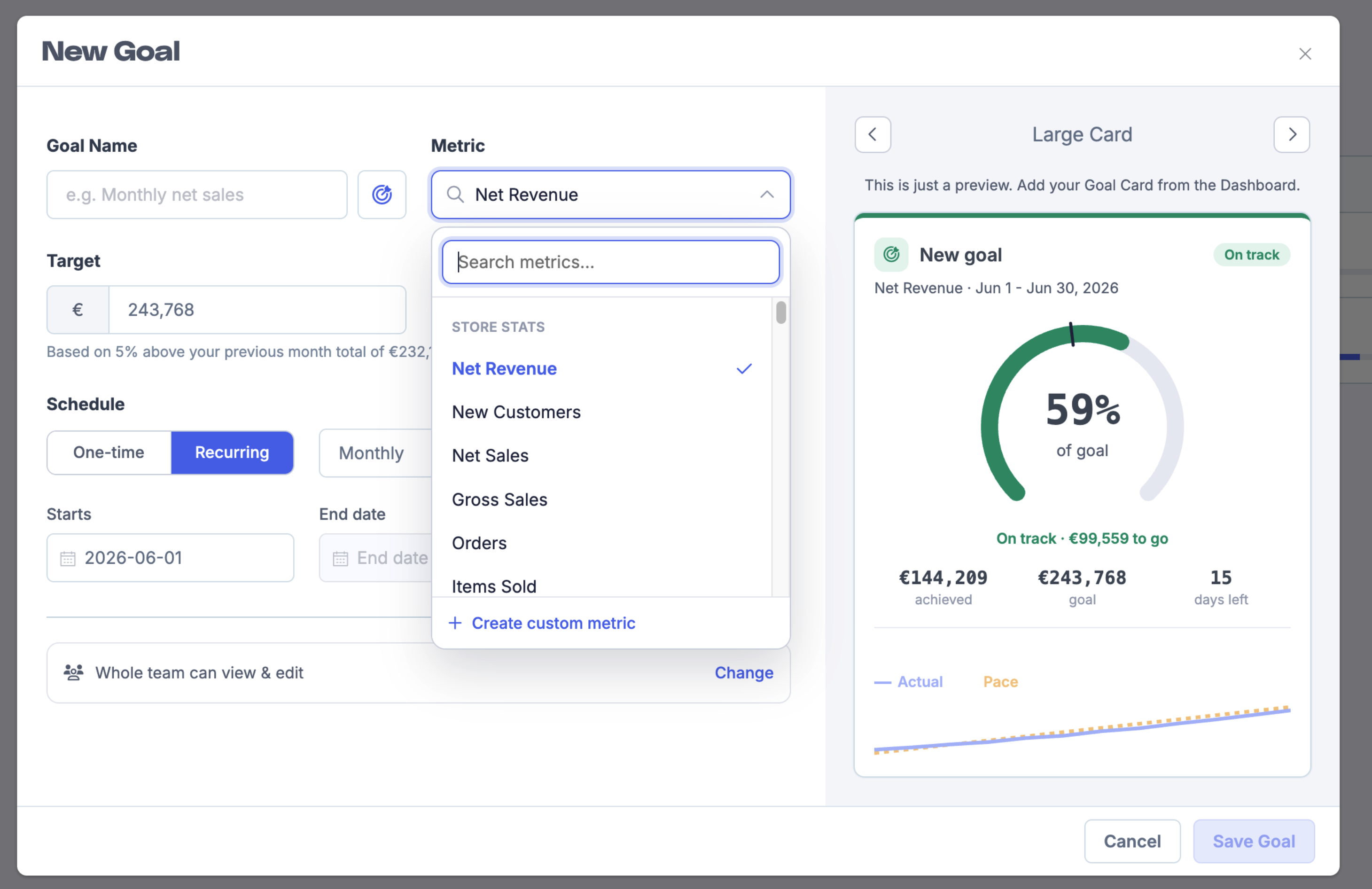New Goal modal with Metric and Target fields visible