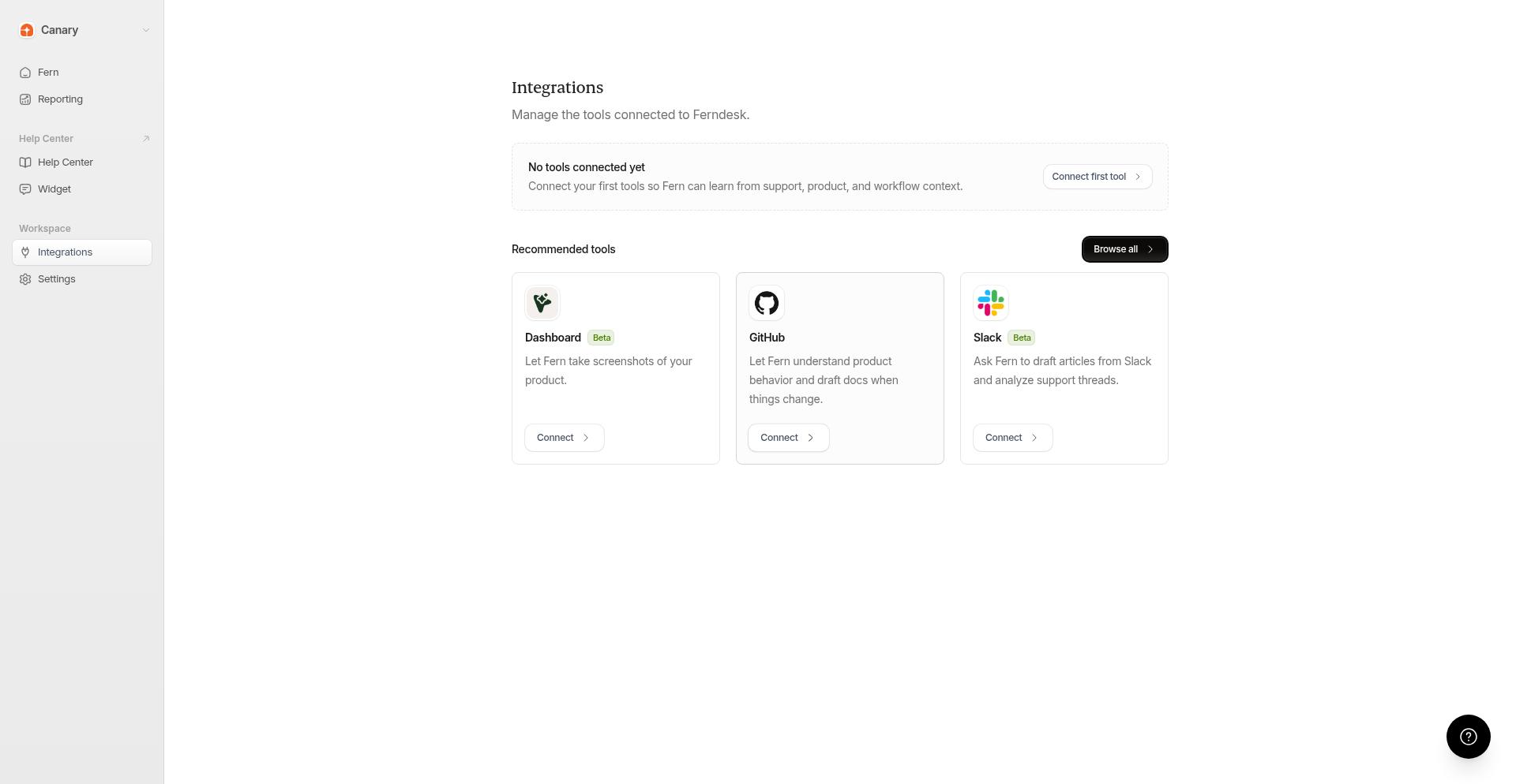 Página de Integrations que muestra la cuadrícula de tarjetas de integración disponibles