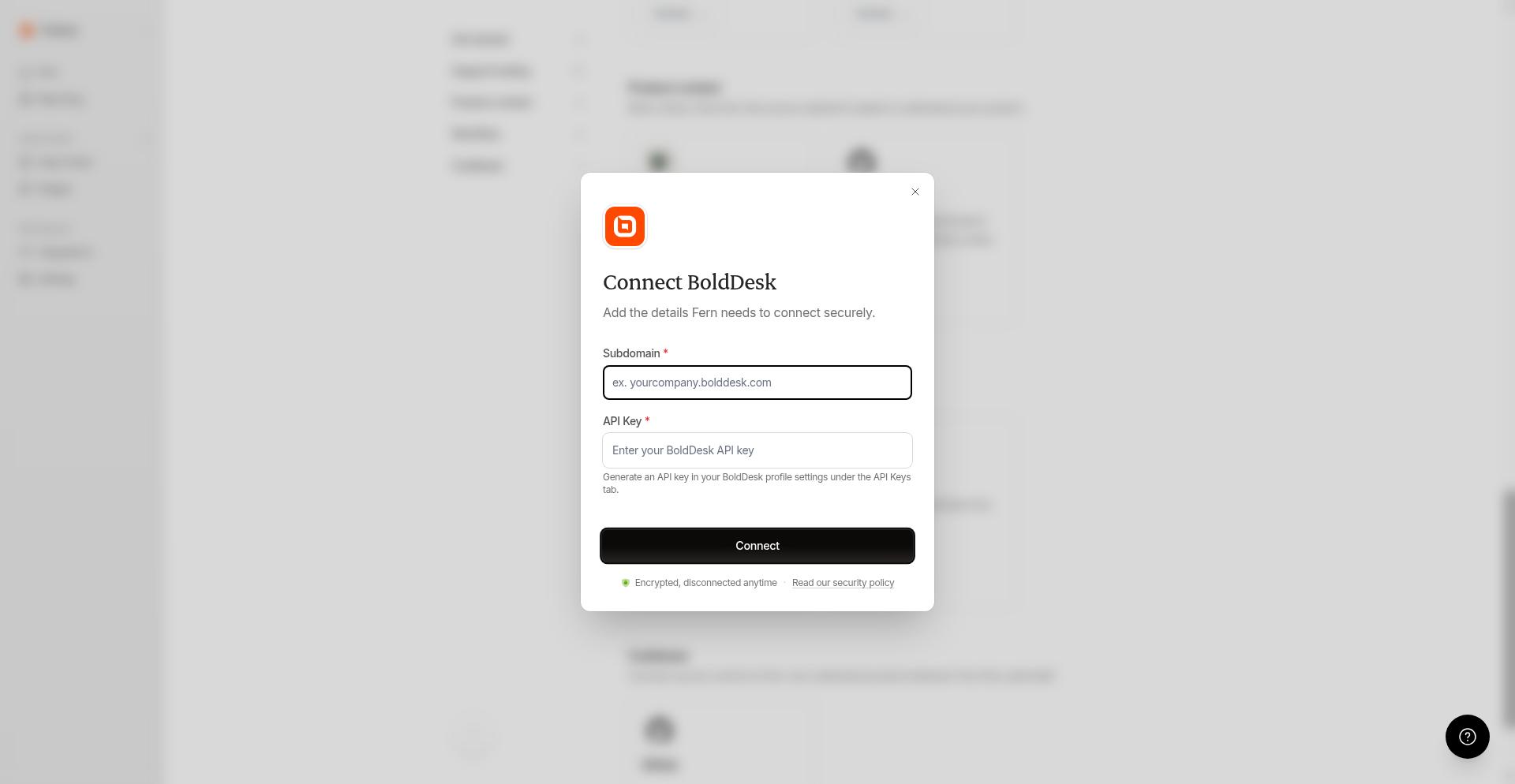 Fenêtre modale de connexion BoldDesk avec les champs Subdomain et API Key