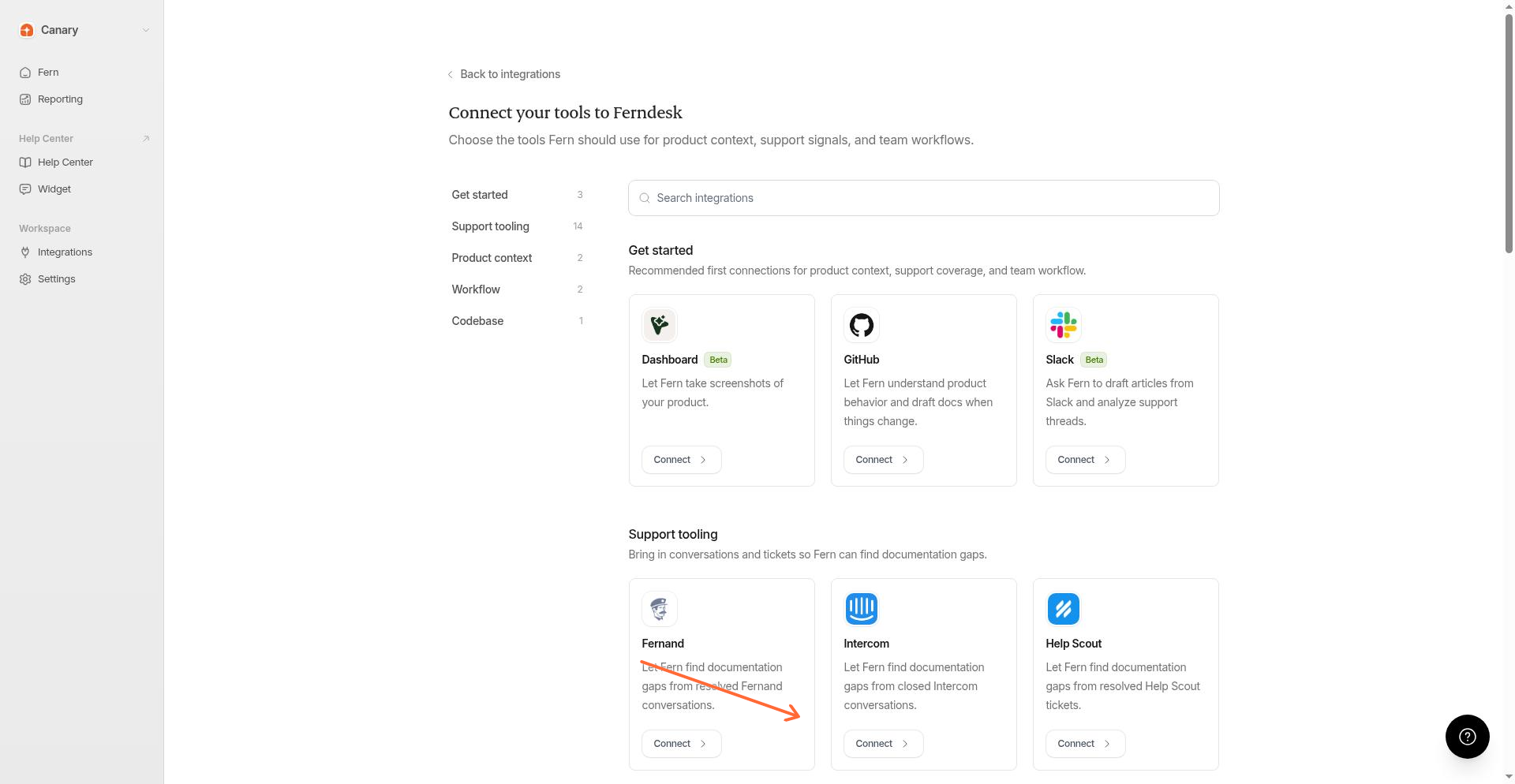 Carte d’intégration Intercom avec le bouton Connect mis en évidence