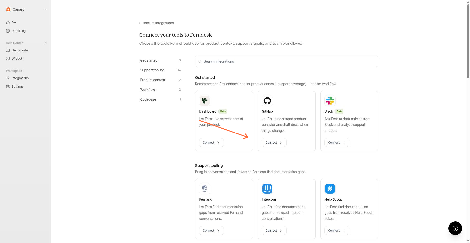 GitHub integration card with the Connect button highlighted